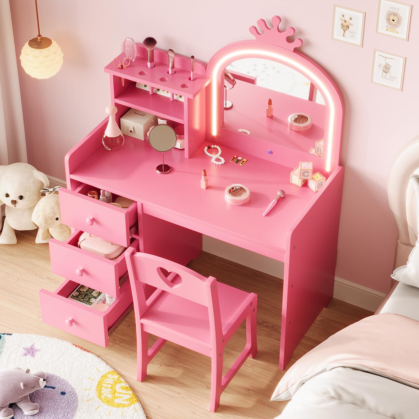 Garvee Kinder Schminktisch mit Stuhl & Spiegel, 3-Farben LED Beleuchtung & Touch-Sensor, Frisiertisch mit 3 Schubladen, 2-in-1 Schreibtisch, Kosmetiktisch Mädchen Krone Holz, Rosa
