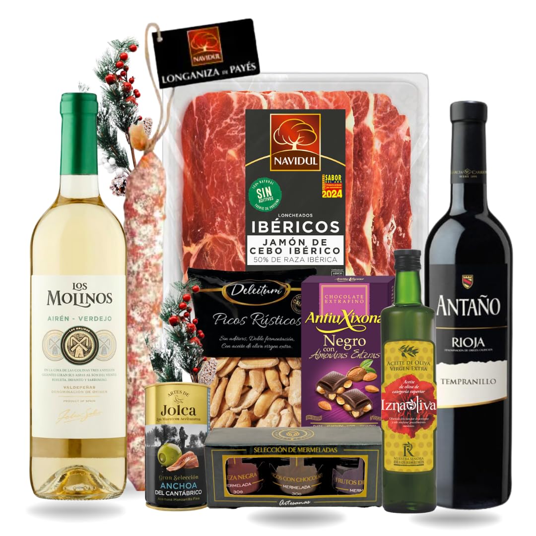 FAMILYCOM. Cesta Gourmet para regalar. Surtido con Chocolates originales de regalo. Lote de embutidos, Paleta de Cebo, Longaniza Payes y Conservas, Vinos, Aceite de Oliva y Picos gourmet.
