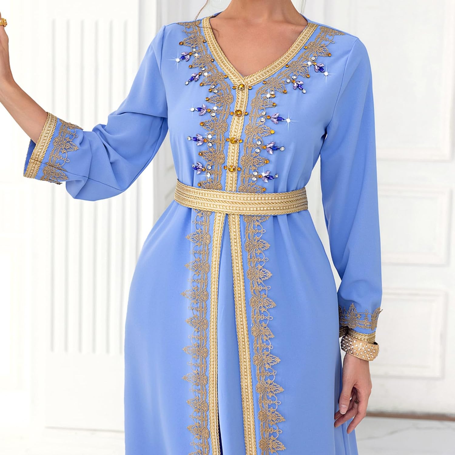 ODIZLI Abaya Dress for Women Dubai Sadui Bead Moroccan Kaftan Fancy Eid Dress Light Blue Medium image 6 of 6 B0CP4VBHHH
