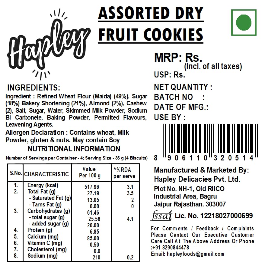 Image of Hapley Assorted Dry Fruit Cookies 300g, No Palm Oil, Wholesome Crunchy Cookies with Real Dry Fruit Goodness