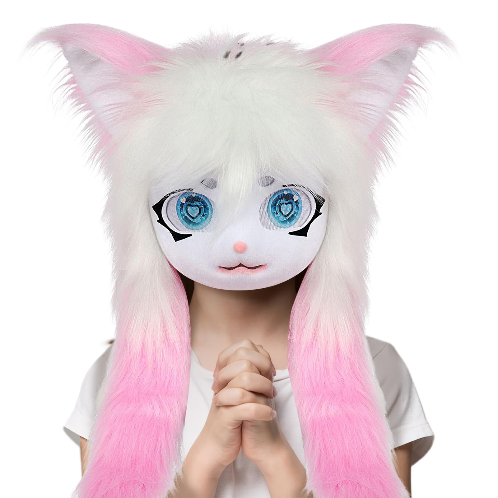 Futrzane główki Cosplay - maska kota zwierzęcego z dużymi oczami i długimi włosami, realistyczne pluszowe akcesorium dla kobiet mężczyzn konwencja anime teatr impreza halloweenowa maskarada