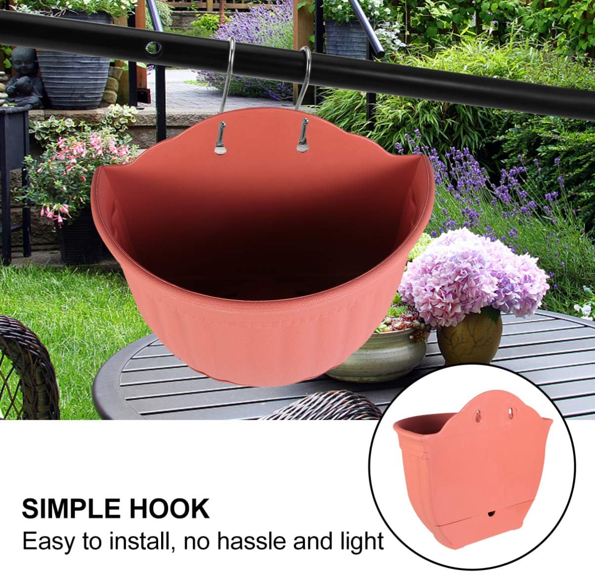 Happyyami Semi-Circle Hanging Planter Wall Mounted Imitation Leather Pattern Plastic Flower Pot with Bottom Tray 10.6 Inch Space Saving Indoor Outdoor Garden Decor