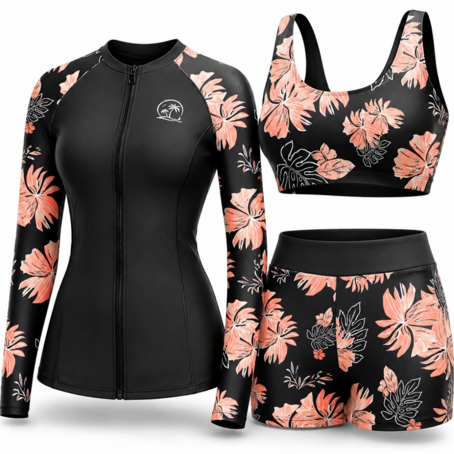 Holipick Trajes de baño de manga larga para mujer – 3 piezas de camiseta de protección contra erupciones con pantalones cortos con cremallera SPF camiseta de natación con brasier integrado