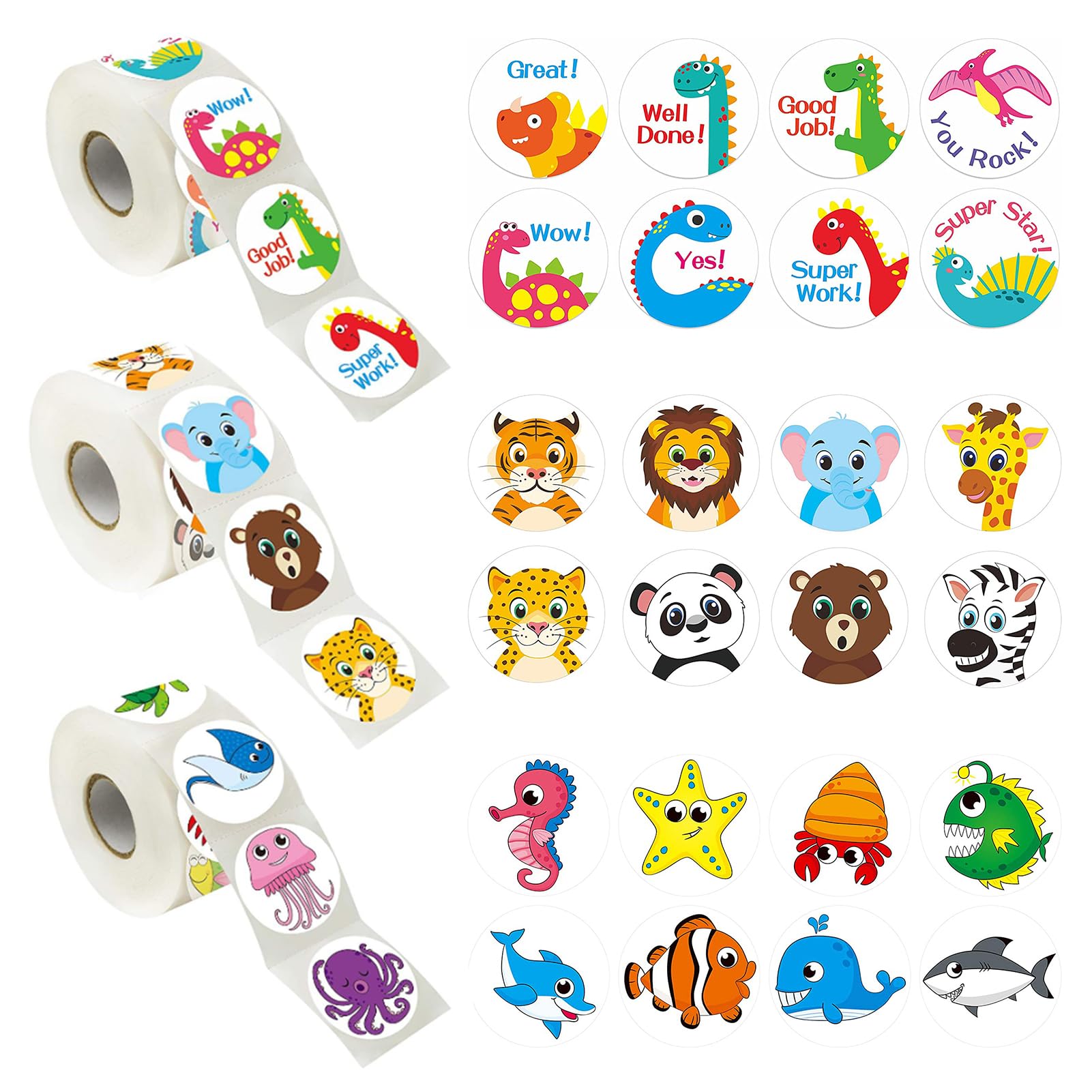 Neikafan 1500 Piezas Redondas Rollo Pegatinas Animales 3 Rollos Animal Reward Pegatinas 24 Diseños Pegatinas Recompensas para Niños para Decoración de Fiestas En El Aula Estudiantes (2,5cm/1 Pulgada)