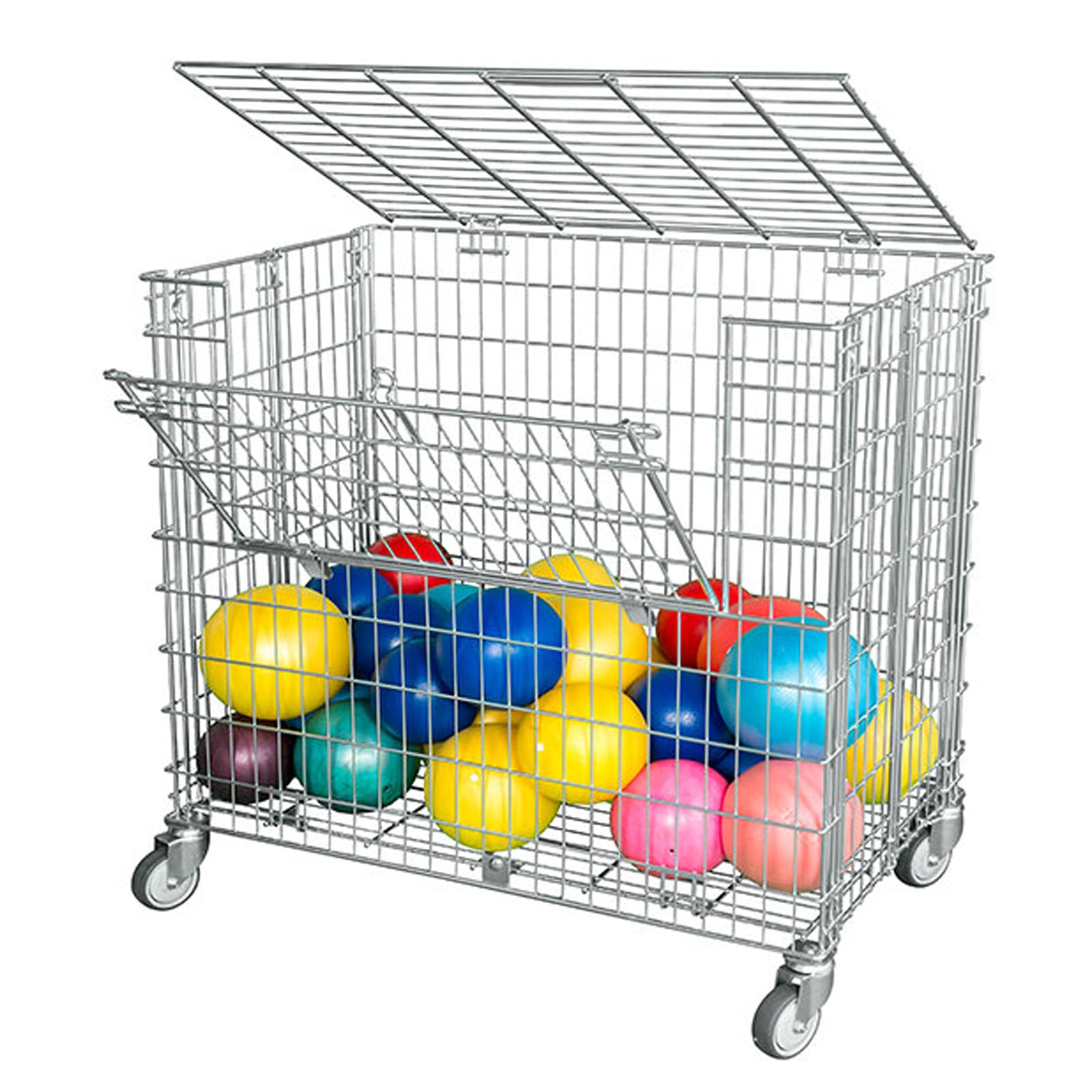 Gitterwagen abschließbar – 150 kg Tragkraft – Mobiler Ballwagen mit 2 Ladeklappen – Gitterbox für Sportgeräte & Bälle – Lagerwagen 585x950x870mm mit 4 Lenkrollen – Robuster Rollwagen