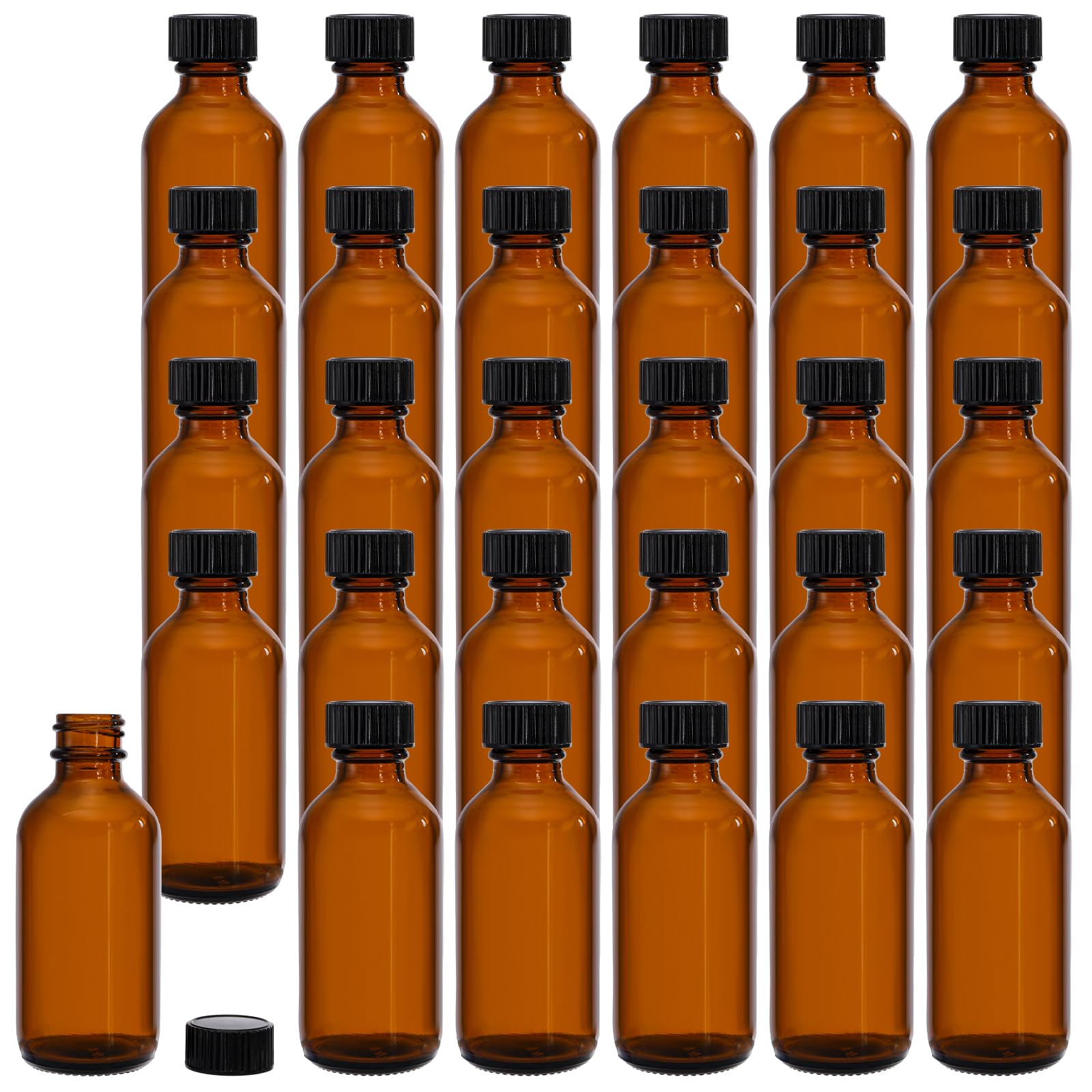 Bekith 30 Pack 2 oz Boston Round Glass Bottle with Black Caps, Amber