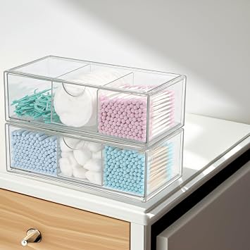 Set of 2 Stackable Storage Drawers - 7.8 Clear Plastic Drawer Storage, Acrylic Makeup Organizer, Desk Counter Cabinet Office Organizer, Bathroom Organizers and Storage (3 Grid/Set of 2)