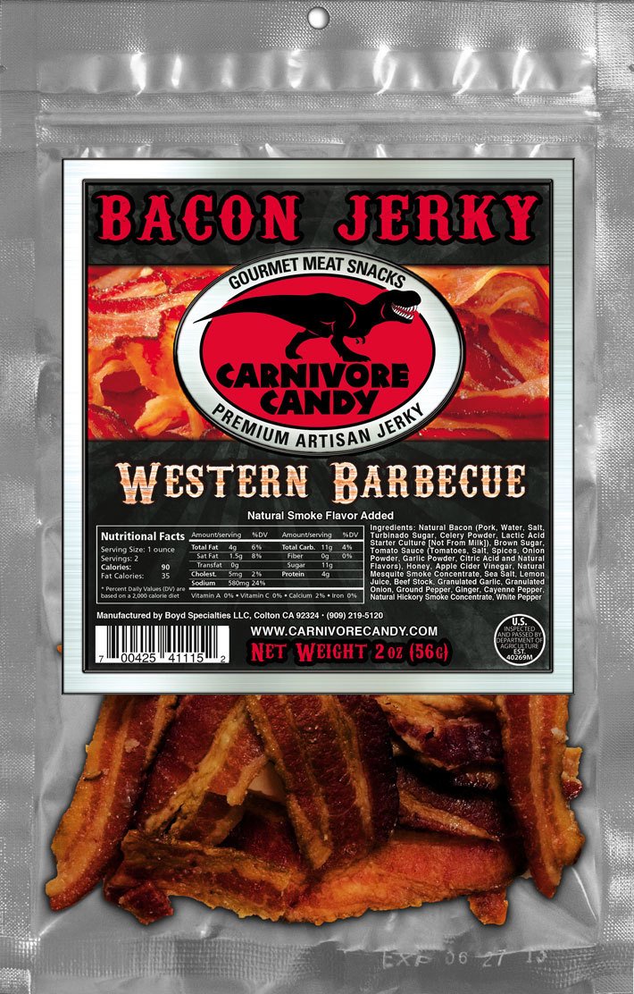 Carnivore Candy Western BBQ Bacon Jerky: Irresistibly Smoky and Savory, Premium Quality Jurassic Jerky Meat Snack with Authentic Western BBQ Flavors - A Delight for Bacon Enthusiasts! BBQ