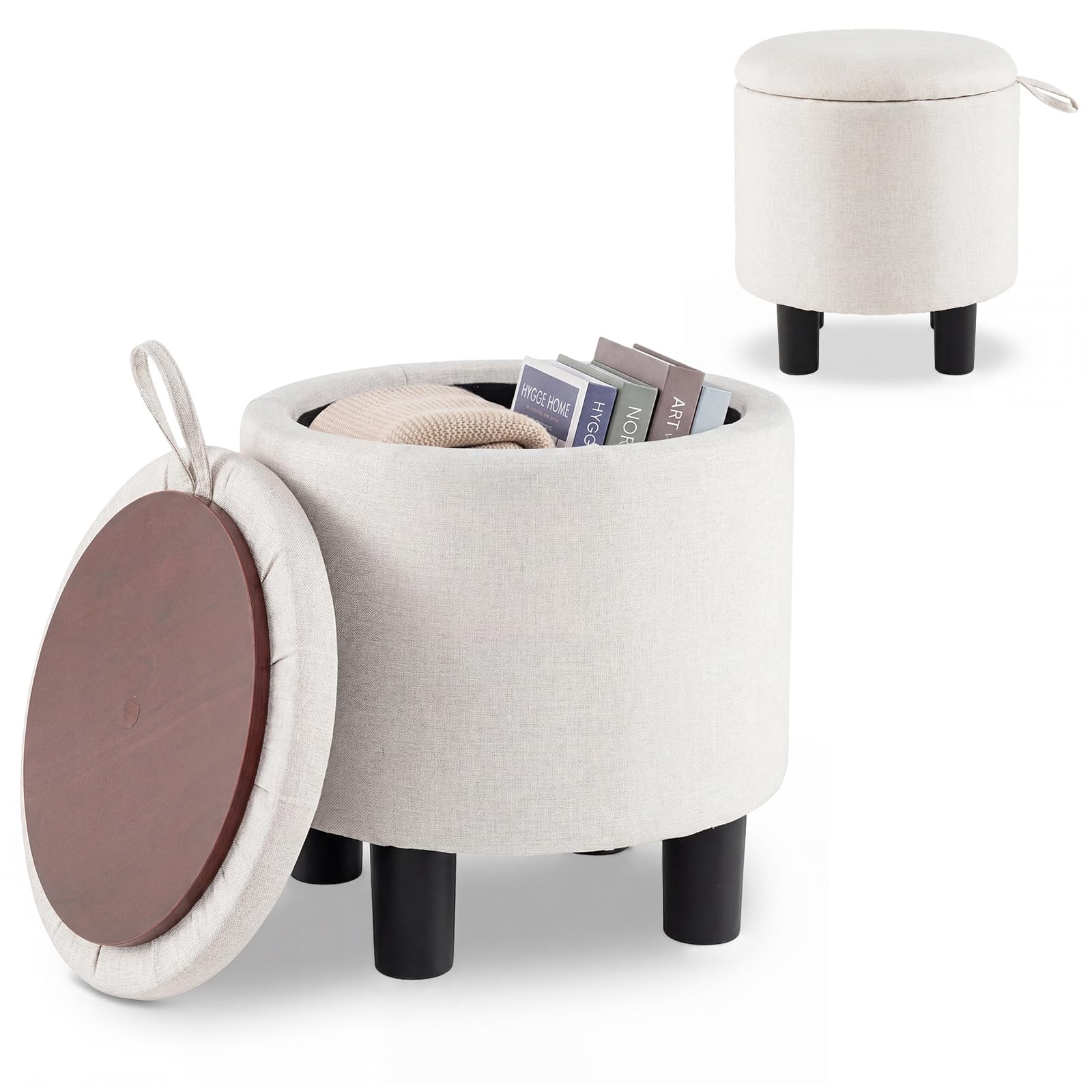 COSTWAY Pouf Contenitore Rotondo, Sgabello Poggiapiedi in Tessuto, con Coperchio Rimovibile, Poggiapiedi per Soggiorno e Camera da Letto, 38 x 38 x 42 cm