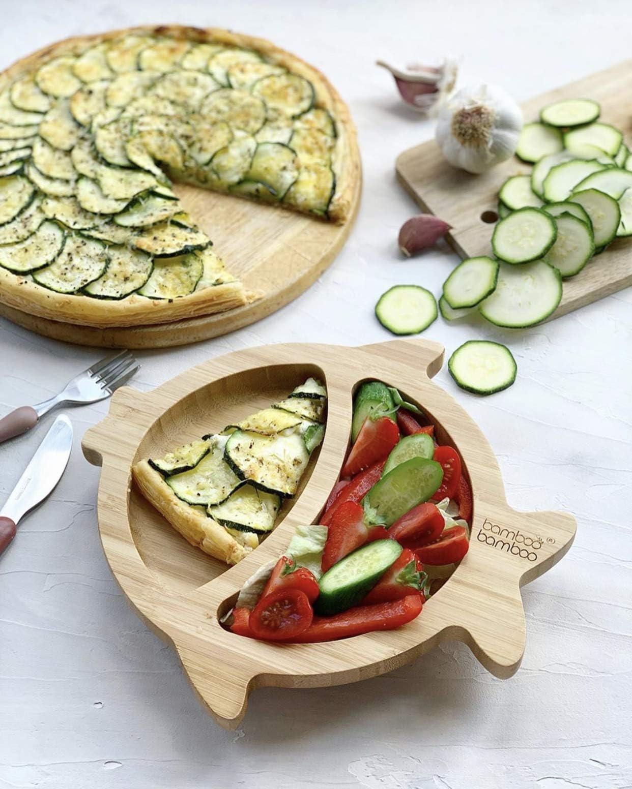 Bamboo Baby Plate With Suction Base - Non-Toxic Toddler Plate For Baby-Led Weaning (Fish-Cherry Design)