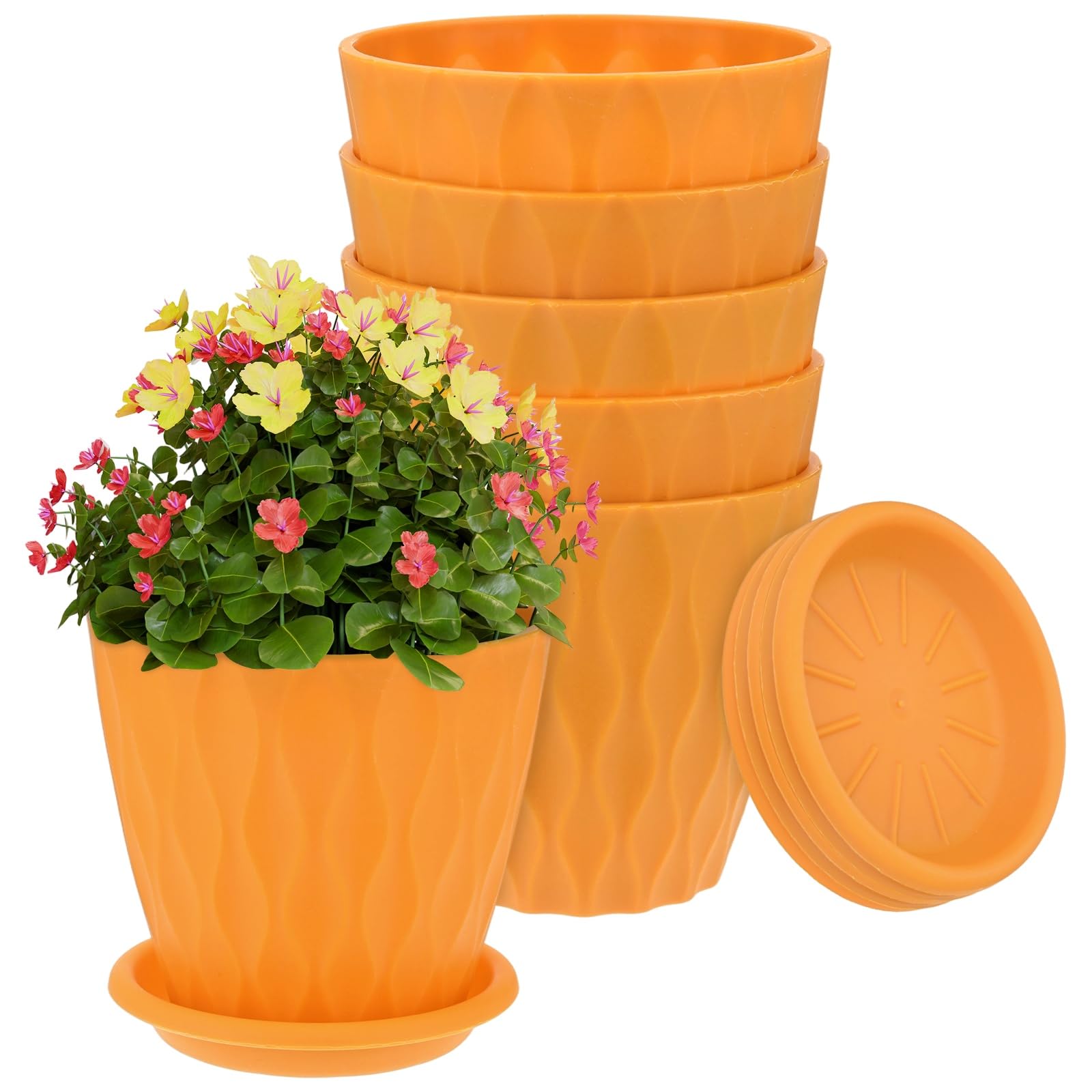 M METERXITY 6-Set Small Nursery Pots, 4 Inch Plastic Water Ripple Indoor Outdoor Flower Pots Planters with Drainage Holes and Saucers for Plants/Succulents/Herbs/Home Decor [Orange]