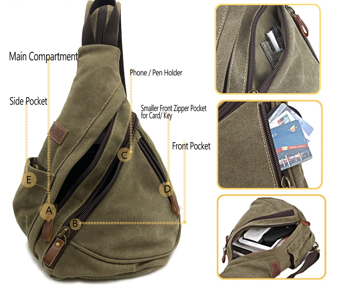 Poeyleja Zaino Monospalla Crossbody Sling Bag Borsa a Tracolla in Tela Casual Daypack Borse a spalla Zaino per Uomo Donna Outdoor Ciclismo Escursionismo Viaggi (Army Green)
