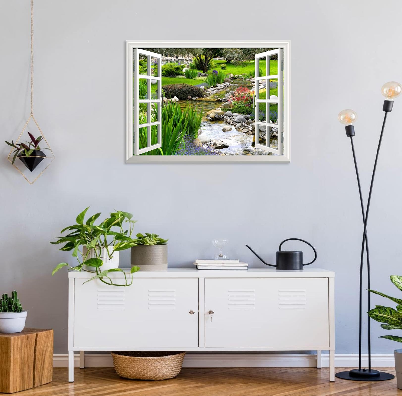 MOBYAT Gefälschte Fensterbilder,Wandbild,klarer Frühling und grünes Gras aus dem offenen Fenster,kreative Wanddekoration,105 x 70 cm (41 x 28 Zoll) Innenrahmen