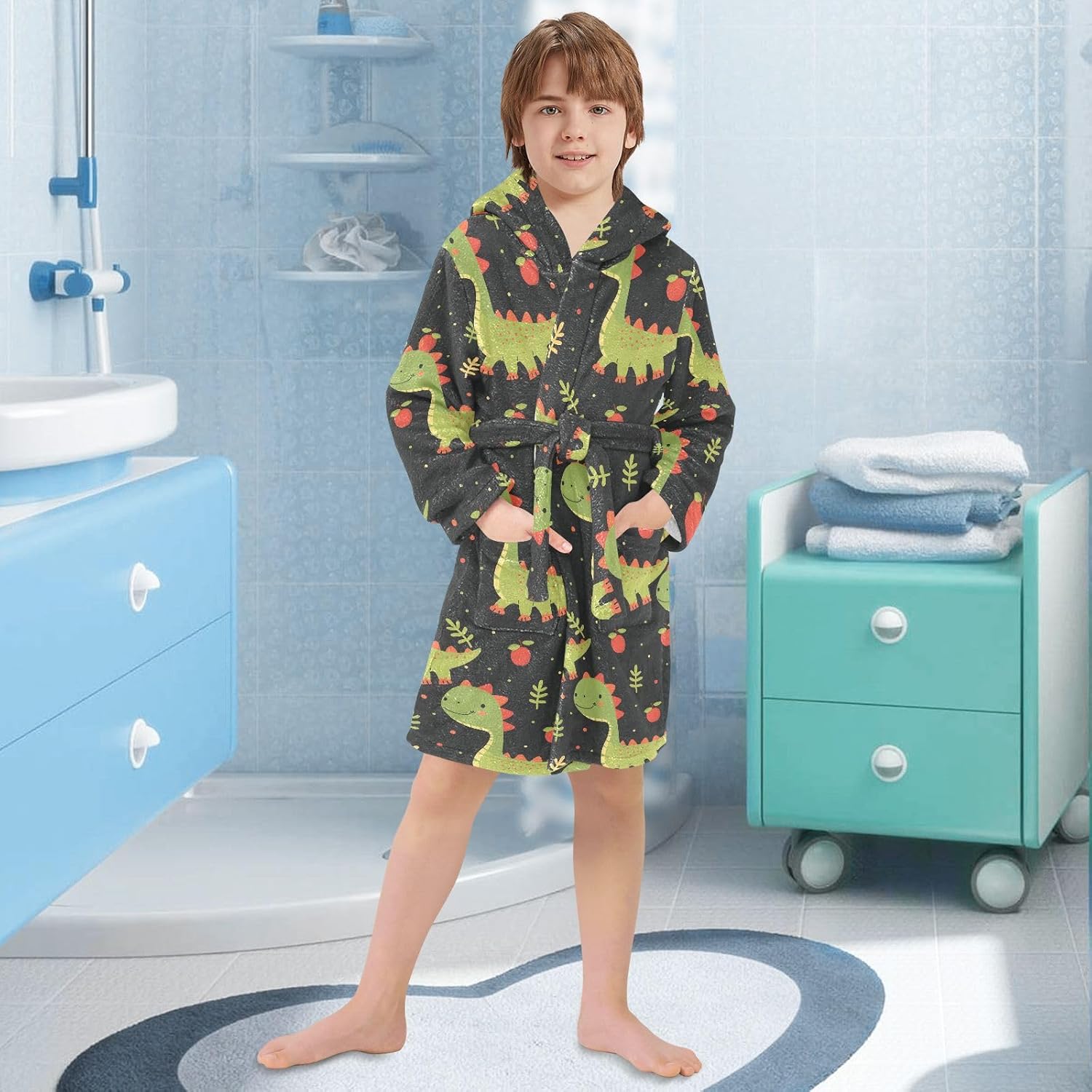 senya Dinosaur Fruit Toddler Hooded Bathrobe Kids Soft Plush Bath Towel Robes for Boys Girls 2-12 Years
