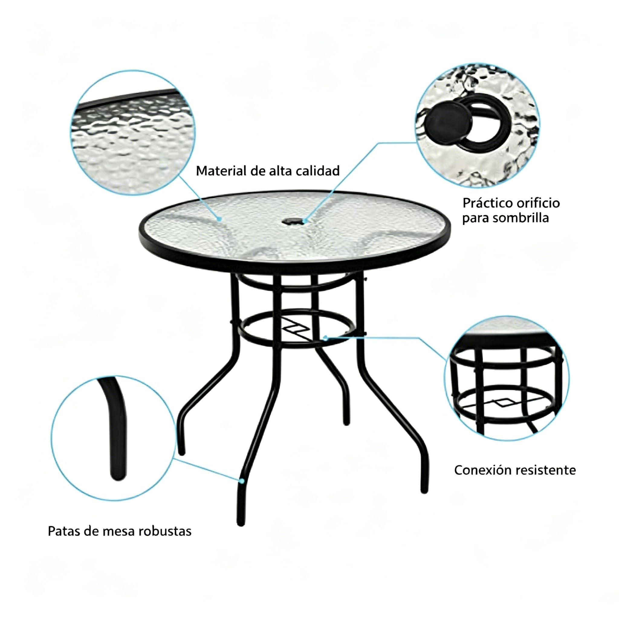 GYMAX 80 cm de Diámetro, Resistente a la Intemperie con Agujero para Sombrilla, Mesa de Jardín con Tablero de Cristal y Estructura de Metal, Mesa Redonda para Balcón, Terraza, Jardín