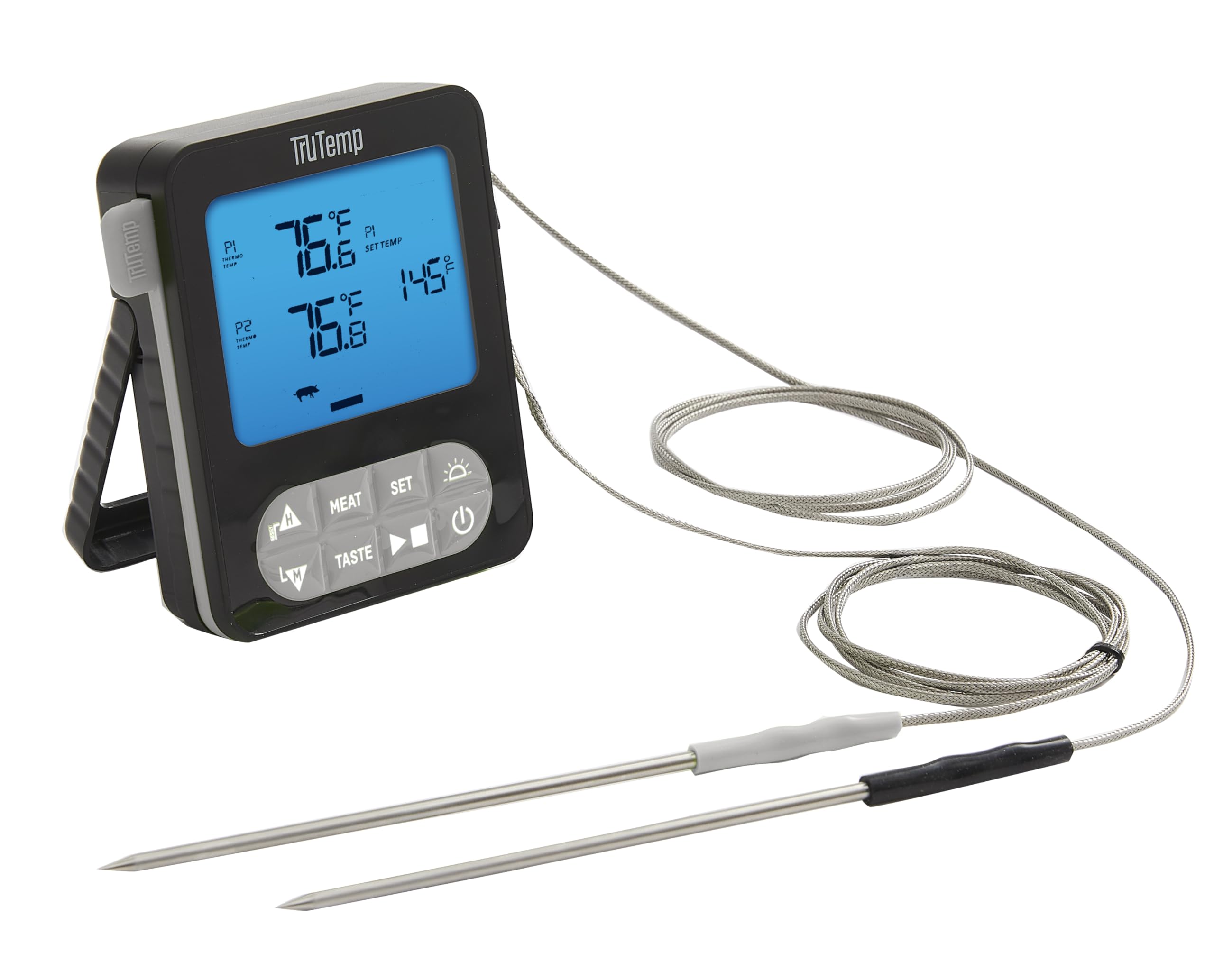 Taylor TruTemp Termómetro programable para carne y alimentos con cable de doble sonda, digital, monitor de dos platos, hornear, asar, fácil de usar, retroiluminado, gris
