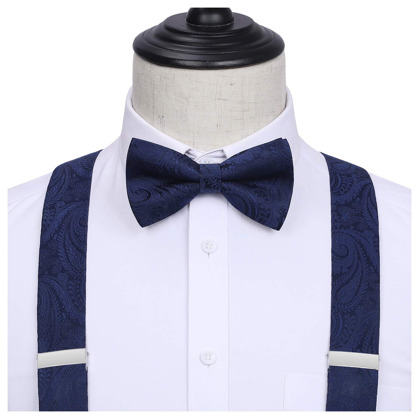 HISDERN Bretelles Homme avec 6 Clips Extra Résistants Élastique en Forme de Y Longueur Réglable Bretelle et Pre-Noue Noeud Papillon Poche Carre Ensemble Homme Pour Fête Mariage