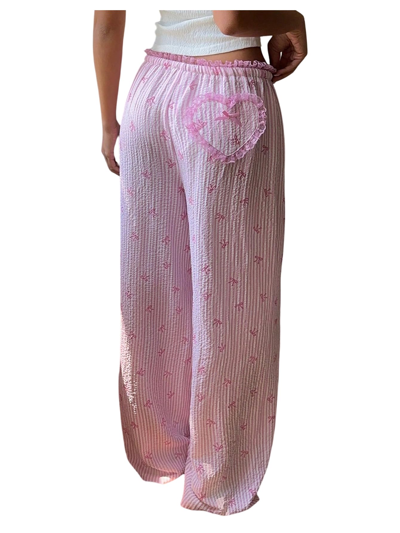 Milumia Womens Bow Striped Wide Leg Long Pants Frill Trim Low Waisted Loose Casual Pants