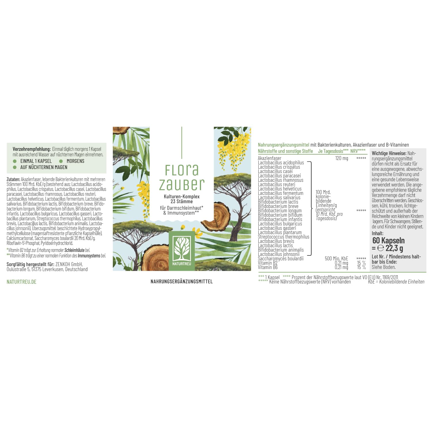 NATURTREU® Kulturen Komplex magensaftresistent & vegan - 23 Bakterienstämme ohne Inulin - Komplex u.a. mit Lactobacillus & Bifidobakterien, 60 Kapseln