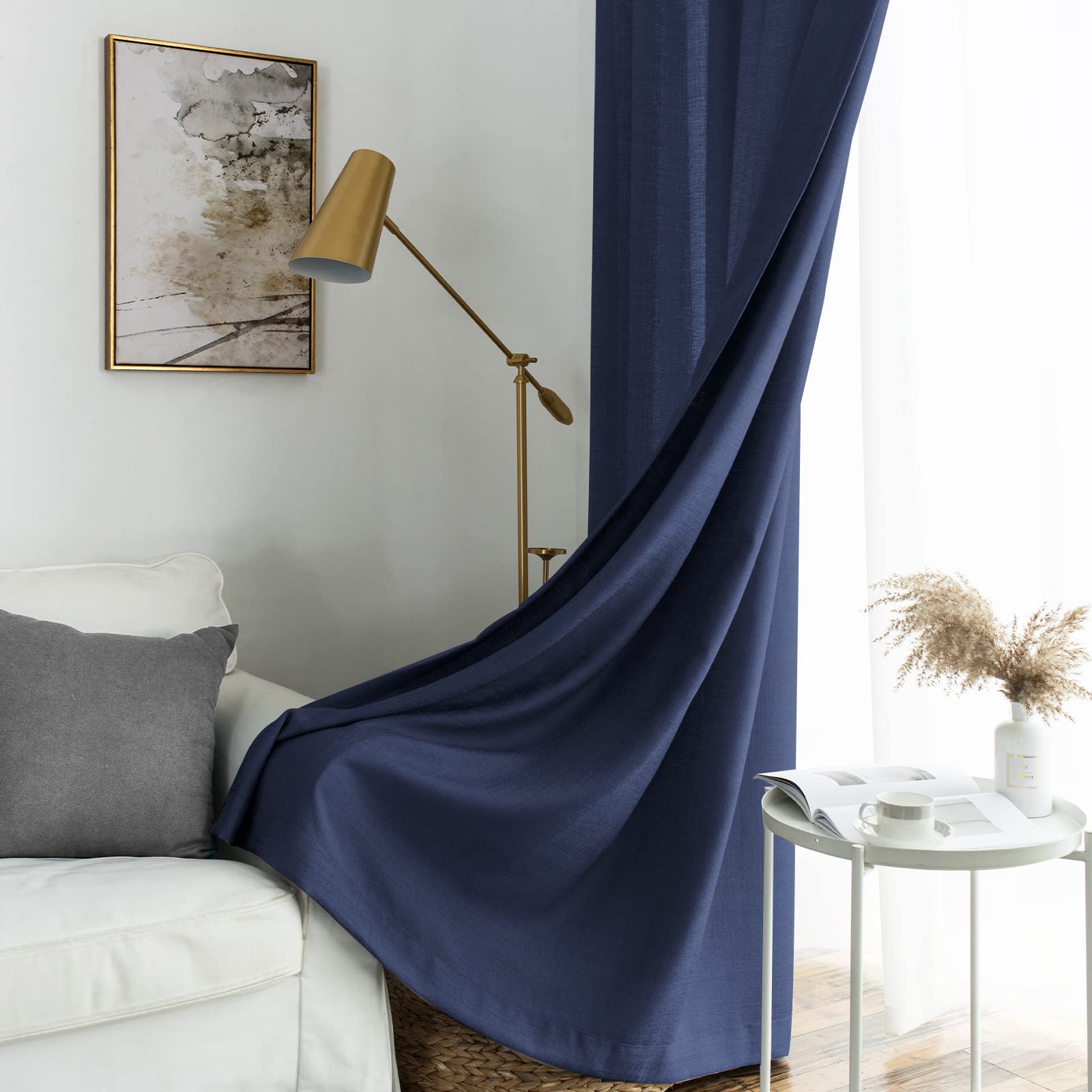 Melodieux Lot de 2 Rideaux Semi-Transparents en Lin avec œillets pour Salon, Chambre à Coucher, 132,1 x 243,8 cm, Bleu Marine