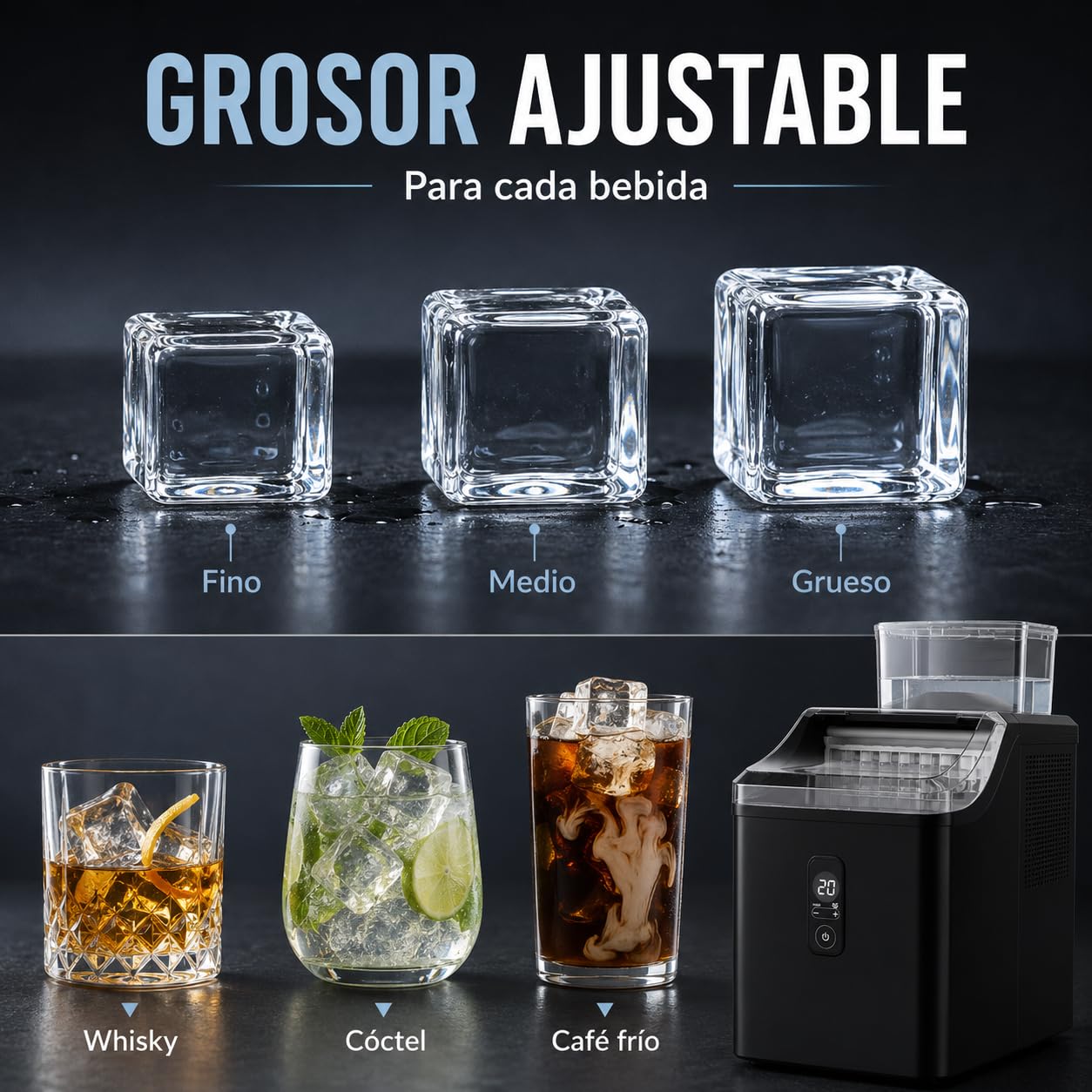Máquina de Hielo Cubitos Cuadrados 10kg/24h, 9 Cubos en 15 Min | Cubitos transparentes ideales para whisky, cócteles y café frío. Panel digital, temporizador 24h y autolimpieza automática.