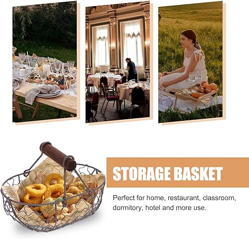 Vista 7 de 1 cesta creativa de alambre retro con asa, cesta de huevo de alambre con mango de madera, soporte de almacenamiento grande para huevos de pollo