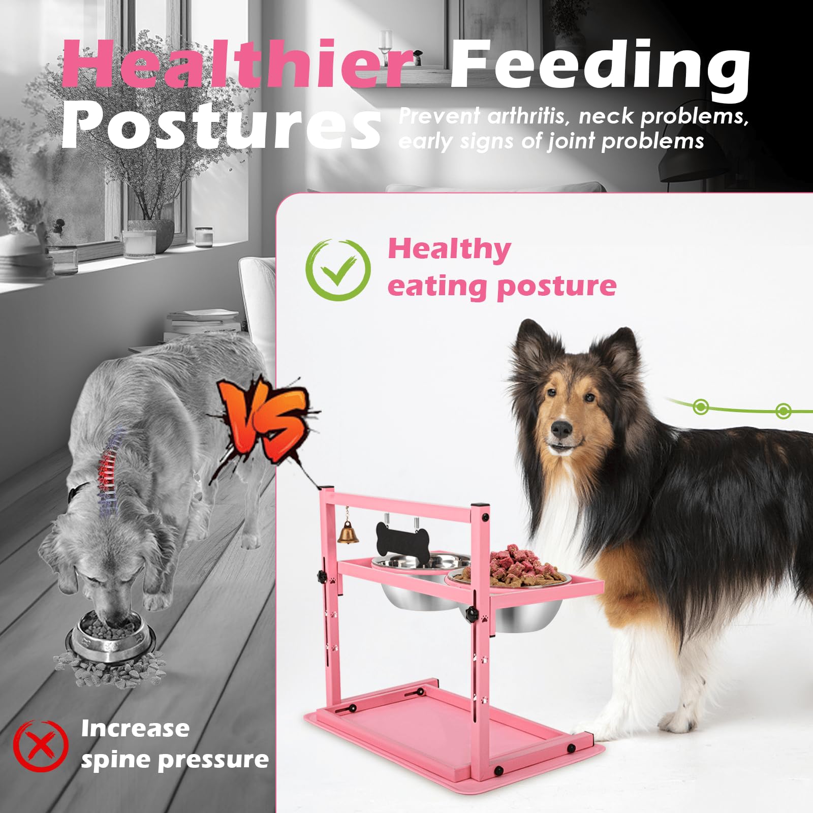 Verhoogde voederbakken voor honden, voerstandaard met 4 in hoogte verstelbare houders, met roestvrijstalen bakken en voederbak voor honden, kleine en middelgrote en grote katten (grijs