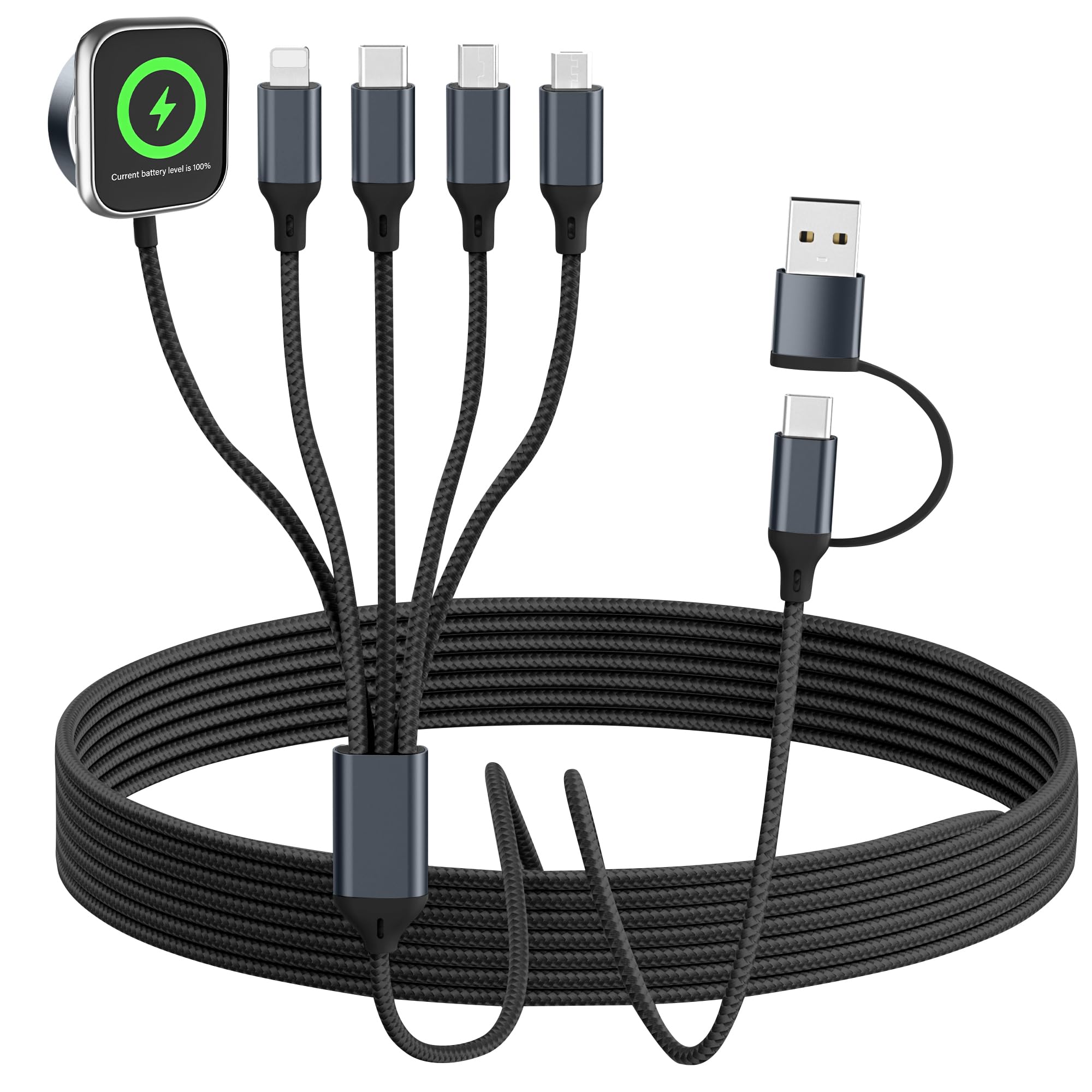 Photo 1 of 5 in 2 Multi Charging Cable for Apple Watch Charger, Travel Cruise Essentials, Type C/IP/Micro USB/Mini B Cable Cord for iWatch Ultra/SE/10-1/iPhone 17-11/Galaxy S25-S20/Garmin GPS-Black, 5FT