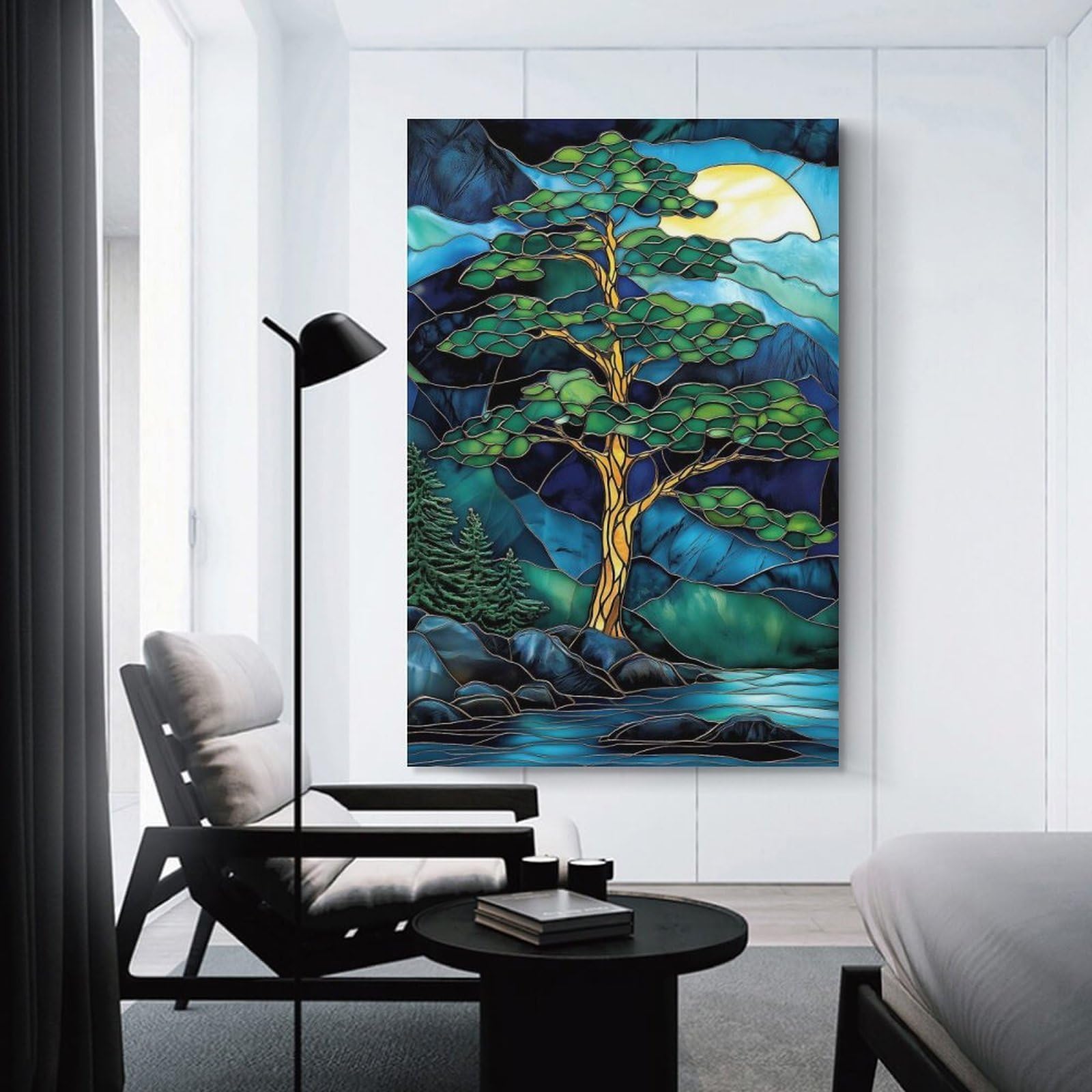 Junmoney Room Decor Wall Art Stained Glass Tree & Moon, 12x18inch(30x45cm), for Home Office, Desk Area Or Studio, An Interior Accent for Desk Areas