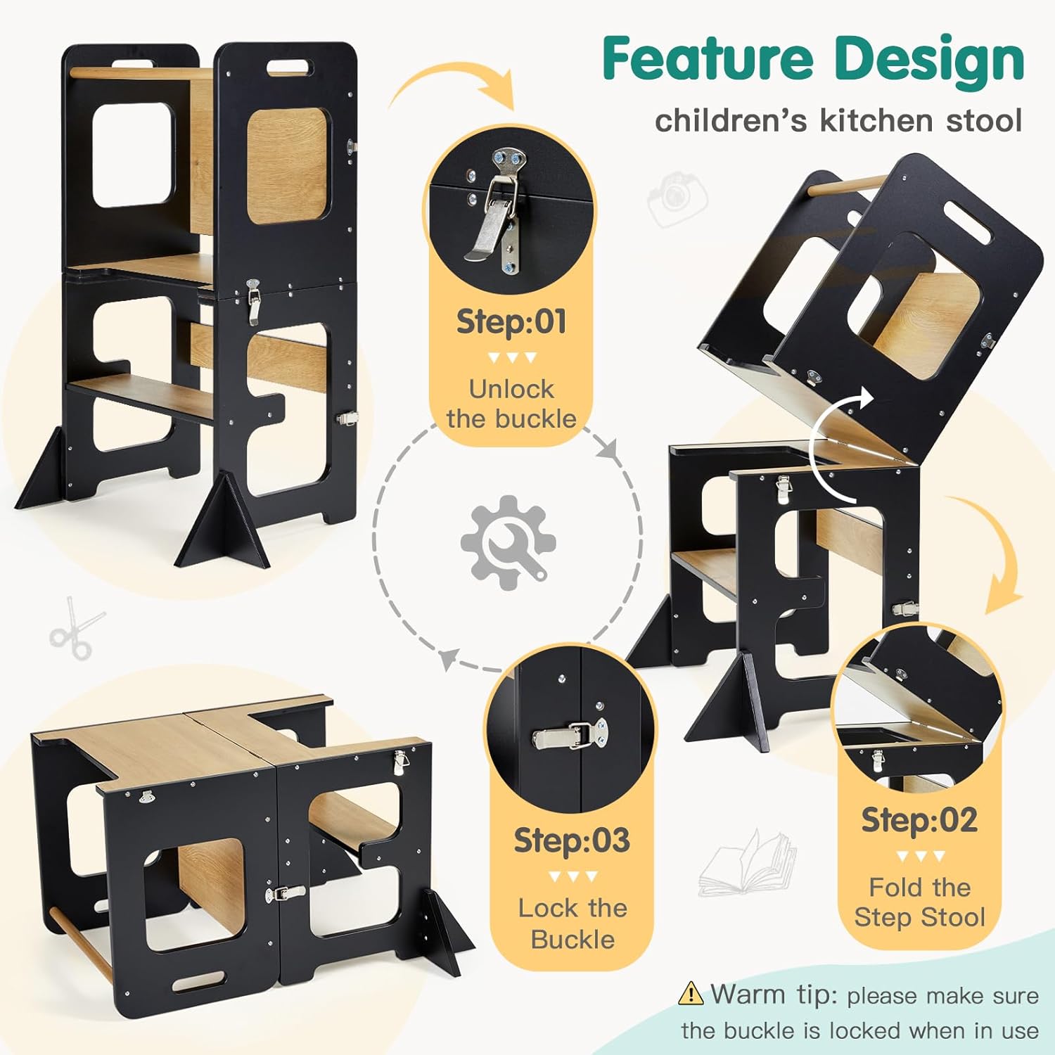 Toddler Kitchen Tower, Learning Standing Tower, 2-in-1 Kitchen Black Wooden Stool Helper with Chalkboard Montessori and Waldorf Helper for Kids in Kitchen - Image 2