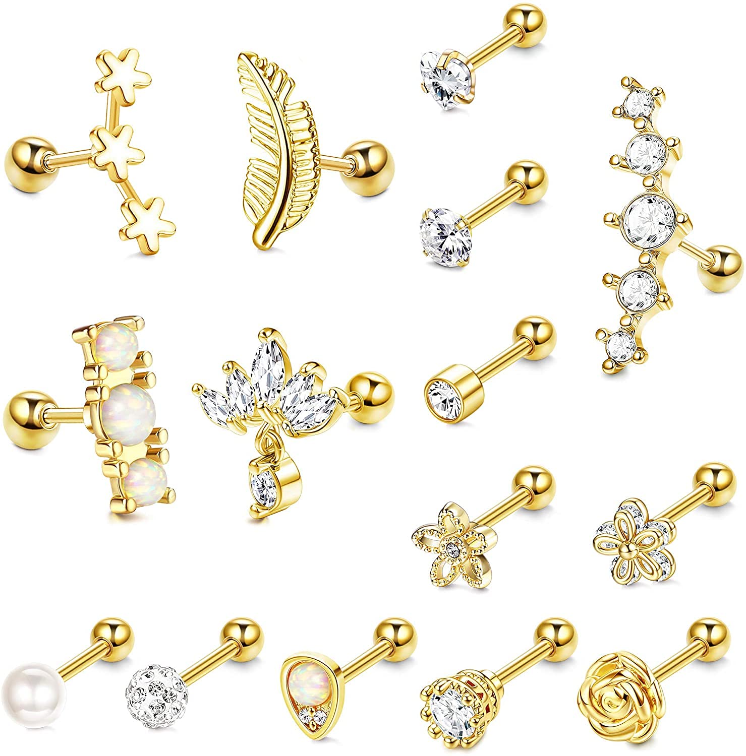 LOLIAS 15 Piezas 16G Acero Inoxidable Zirconia Cúbica Pendientes Cartílago Stud Para Mujer Pendientes Hélice Pendiente Concha Flor Tragus Bola Pendiente Piercing Joyería
