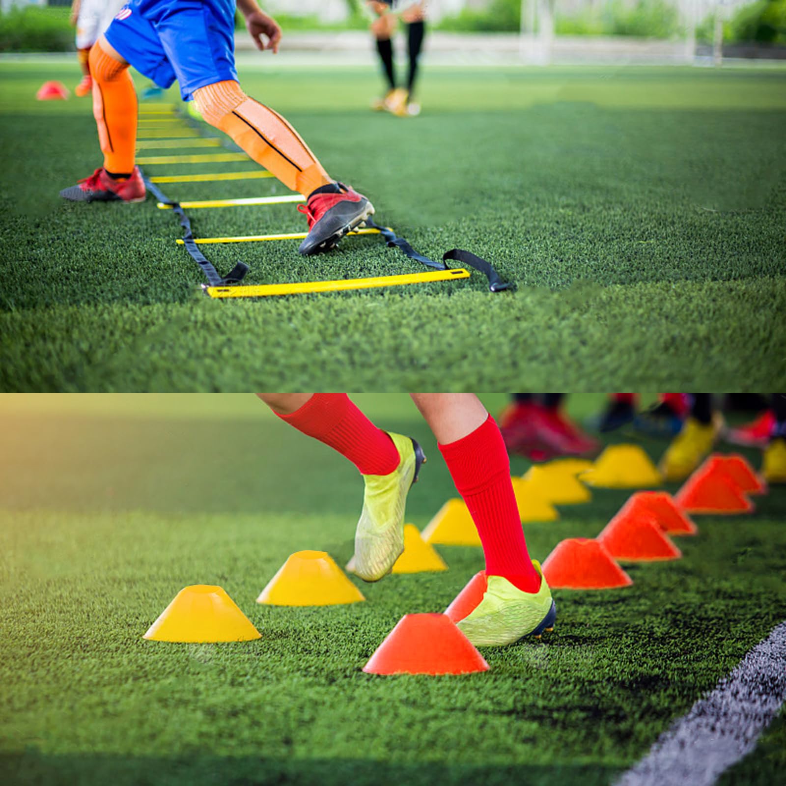 Auckpure Accessoires d'entraînement de football, échelle de coordination, kit d'entraînement de football avec 12 cônes de football, 4 poteaux en fer fixes, 1 sac en filet pour cônes de football, 1 sac