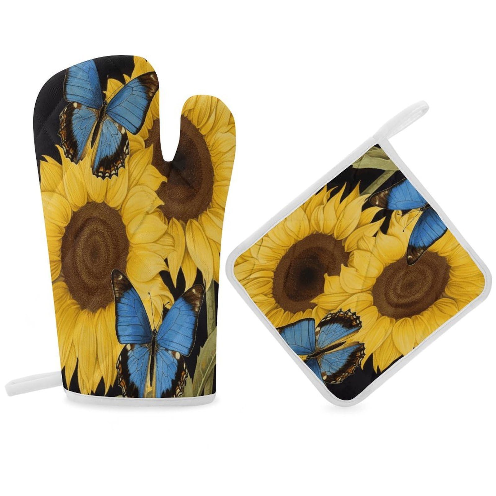 Yellow Sunflowers with Blue Butterflies Oven Mitt Thick Substantial Heat Insulation Gloves Soft Skin-Friendly Temperature Resistant Oven Mitts for Cooking Lover Cooks