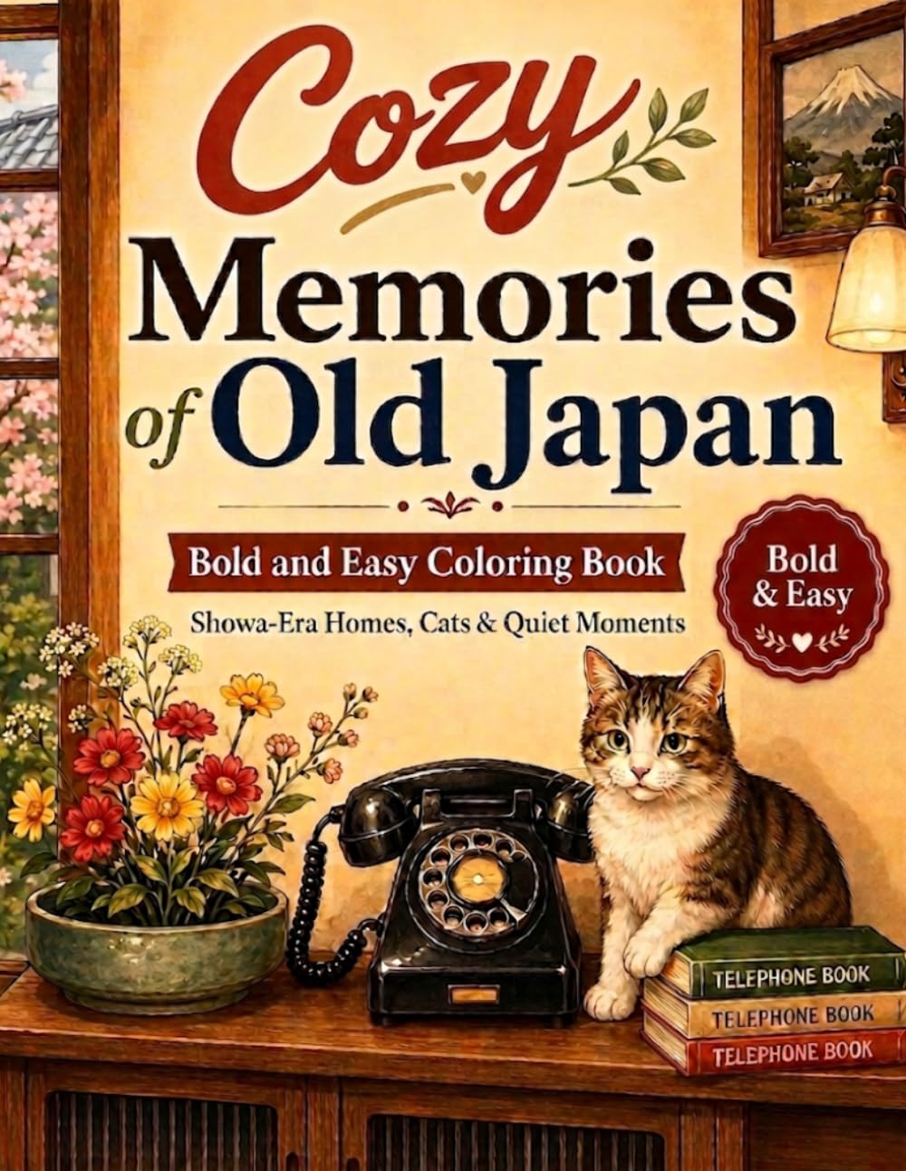 Cozy Memories of Old Japan: Bold and Easy Coloring Pages with Showa-Era Home Scenes, a Rotary Phone, and Gentle Cats