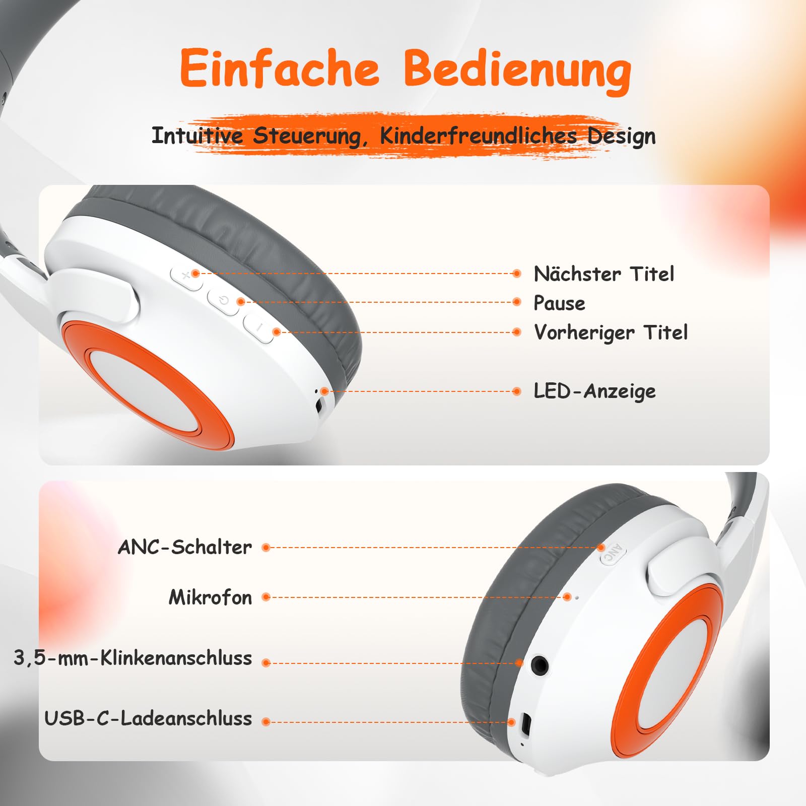 TONOSHARK Kopfhörer Kinder Bluetooth | Noise Cancelling Kopfhoerer Kinder | 60h Spielzeit, Leicht über Ohr Kinderkopfhörer Bluetooth Mit Mikrofon (Weiß) - Für Schule/Reisen | Inkl. Tragetasche (Weiß)