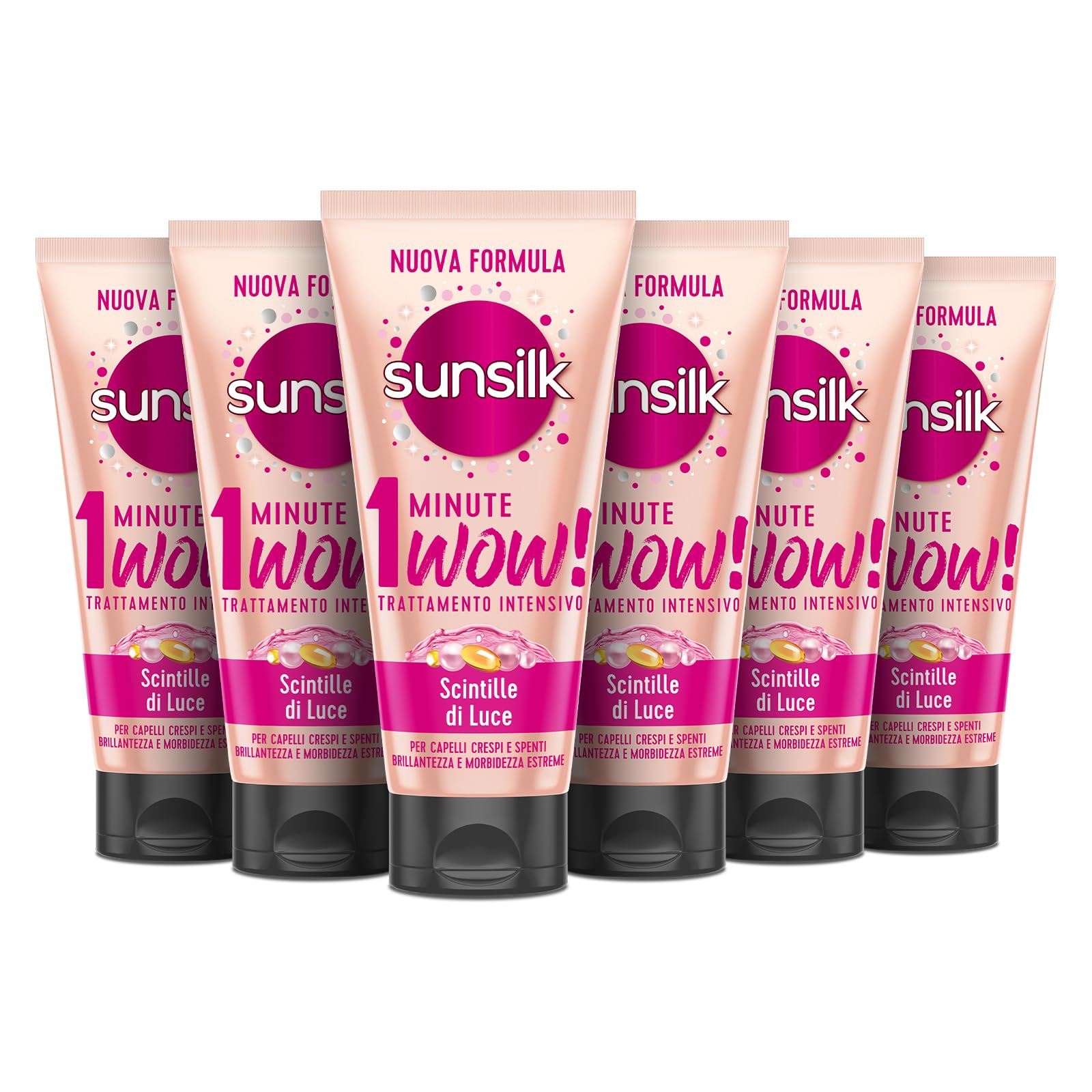 Sunsilk, Trattamento Intensivo 1 Minute Wow, Maschera Capelli Secchi, Linea Scintille di Luce, Trattamento Capelli Danneggiati, con Olio di Jojoba, Collagene e Biotina, 6 Pezzi da 180ml