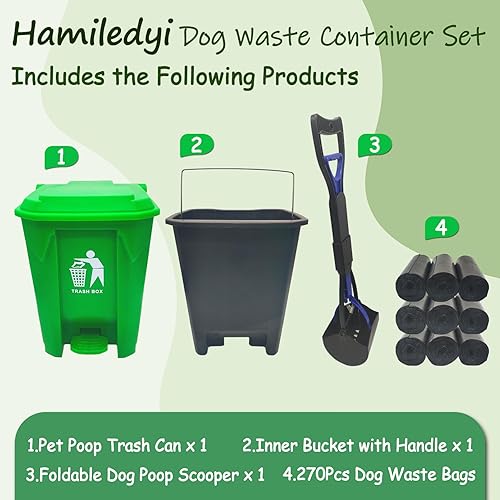 Miniatura 4 de Hamiledyi Bote de basura para excrementos de perro con recogedor plegable de excrementos de mascotas y 270 bolsas de basura grandes con tapa y cubo