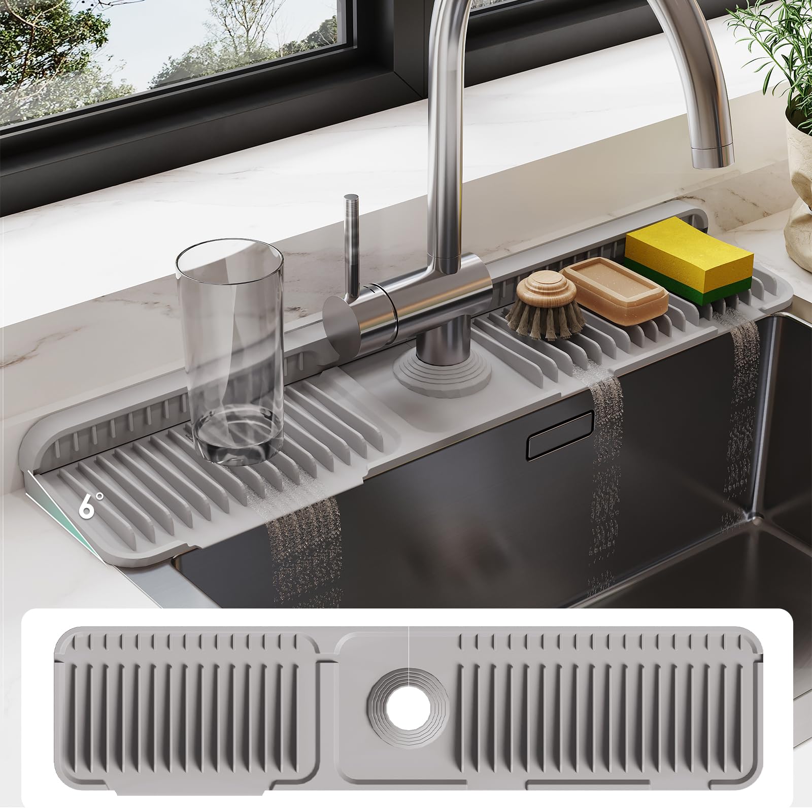 24 Inch Silicone Faucet Mat for Kitchen Sink Splash Guard - 6 Slope Water Draining Mat with Fasten Button for Bathroom Area -Gray