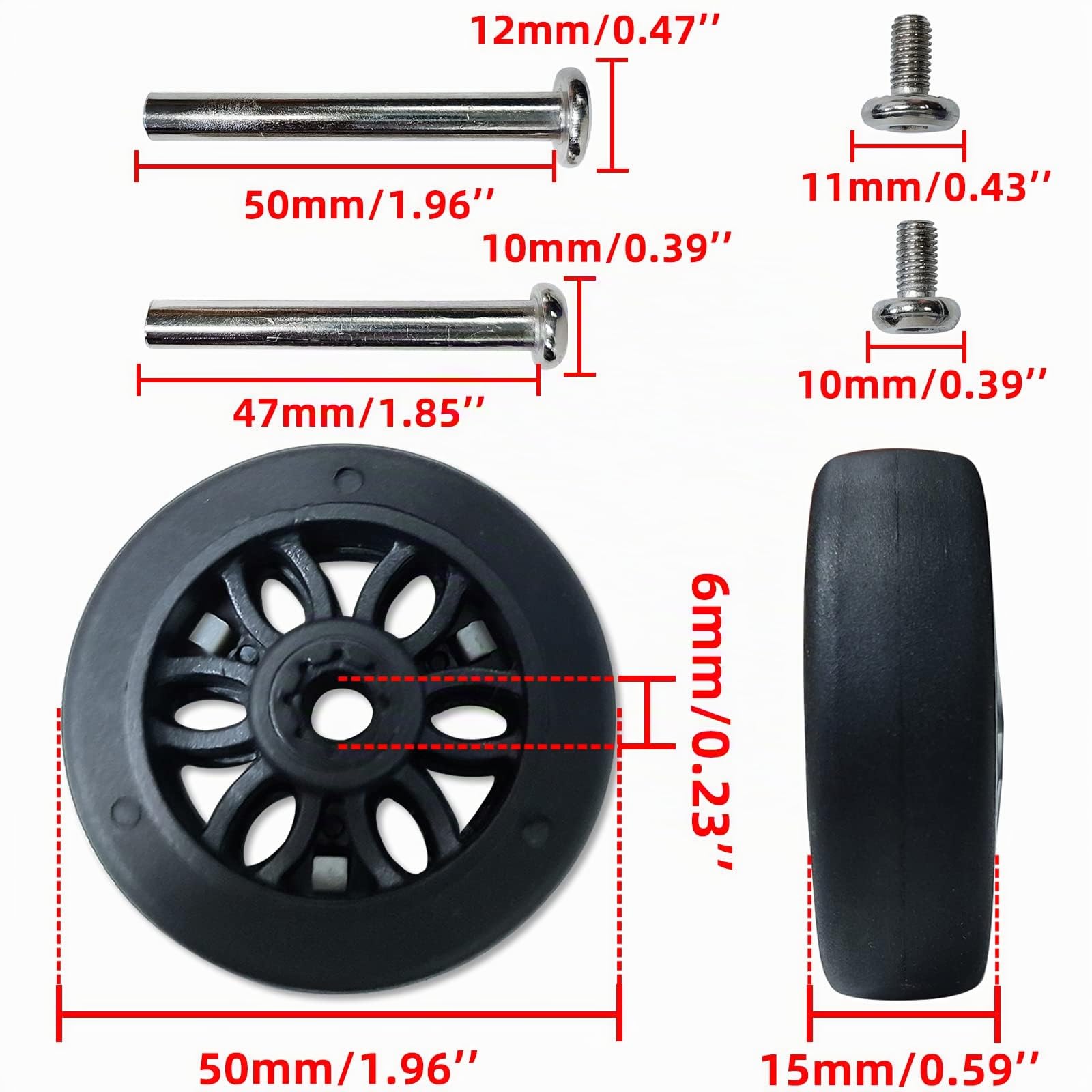 Lot de roues de rechange pour valise à roulettes OD 50 mm (50 x 15 x 6,1 mm)