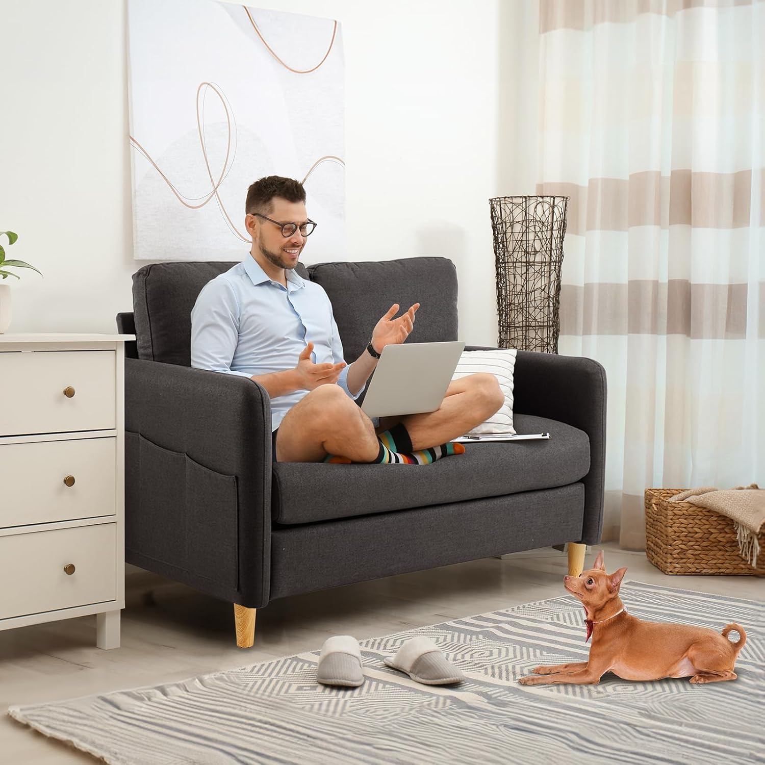 Bonnlo 47" W Couch, 2 Seat Loveseat Mini Couch Mid Century Modern Decor for Small Spaces Living Room, Bedroom (Black)