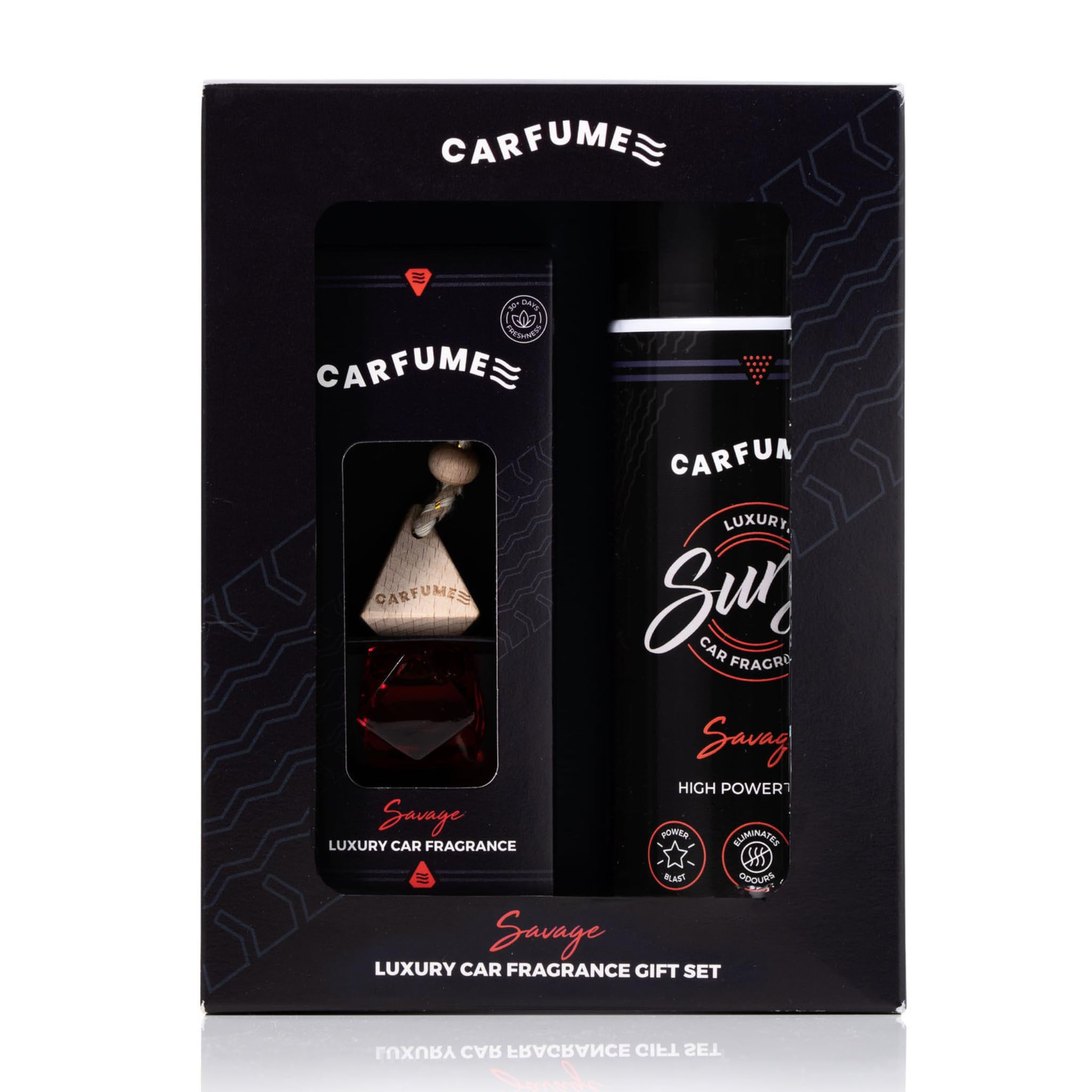 Carfume Savage Car Air Freshener Gift Set | Original Collection | Fresh Bergamot & Woody Ambergris Fragrance - Hanging Diffuser & Surge Can - Luxury Red Car Accessory Gift For Men