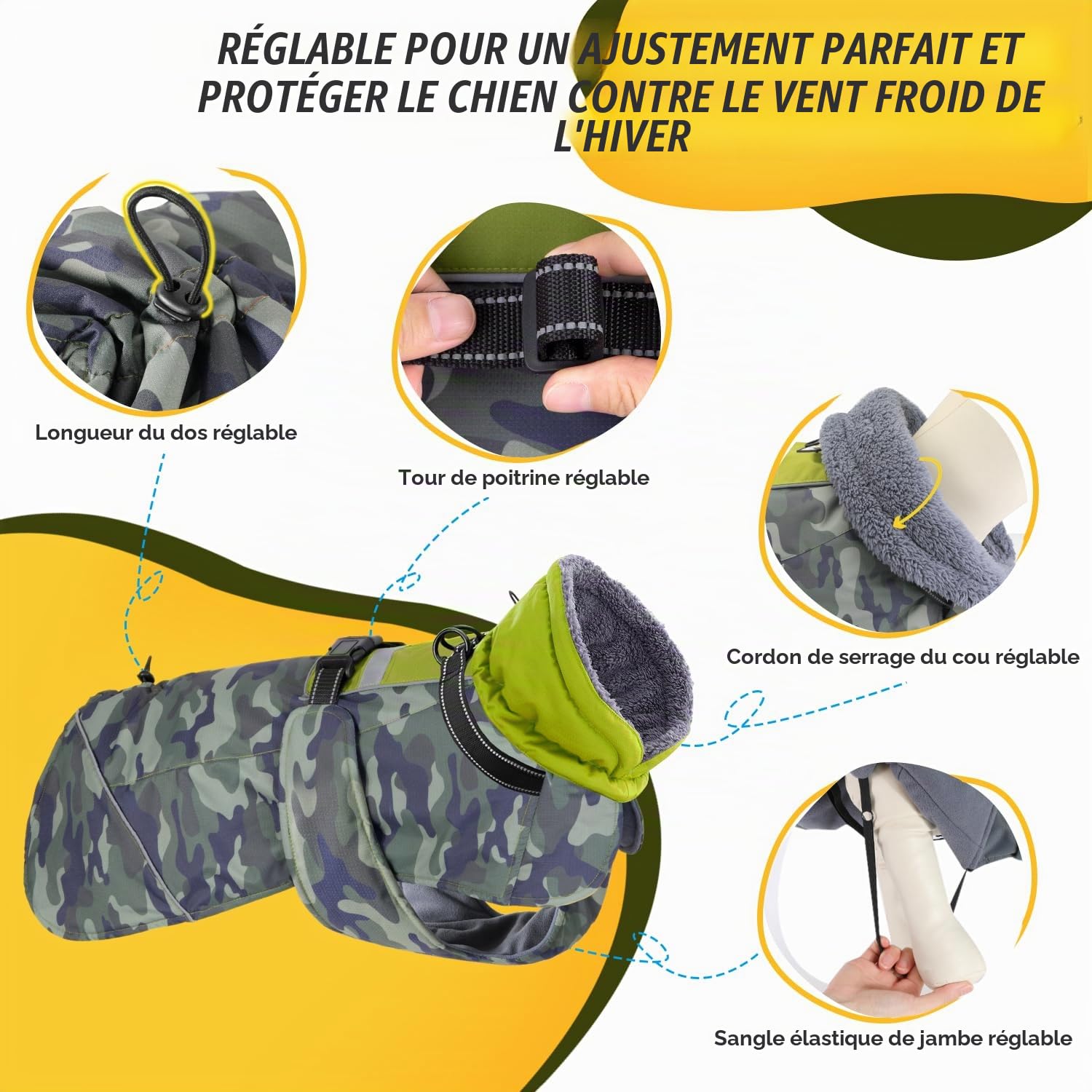 SlowTon Manteau d'hiver pour Chiens, imperméable Doublure Polaire réglable avec Turtleneck et Cordon de Serrage, Manteau d'hiver réfléchissant pour Petits Chiens Moyens et Grands
