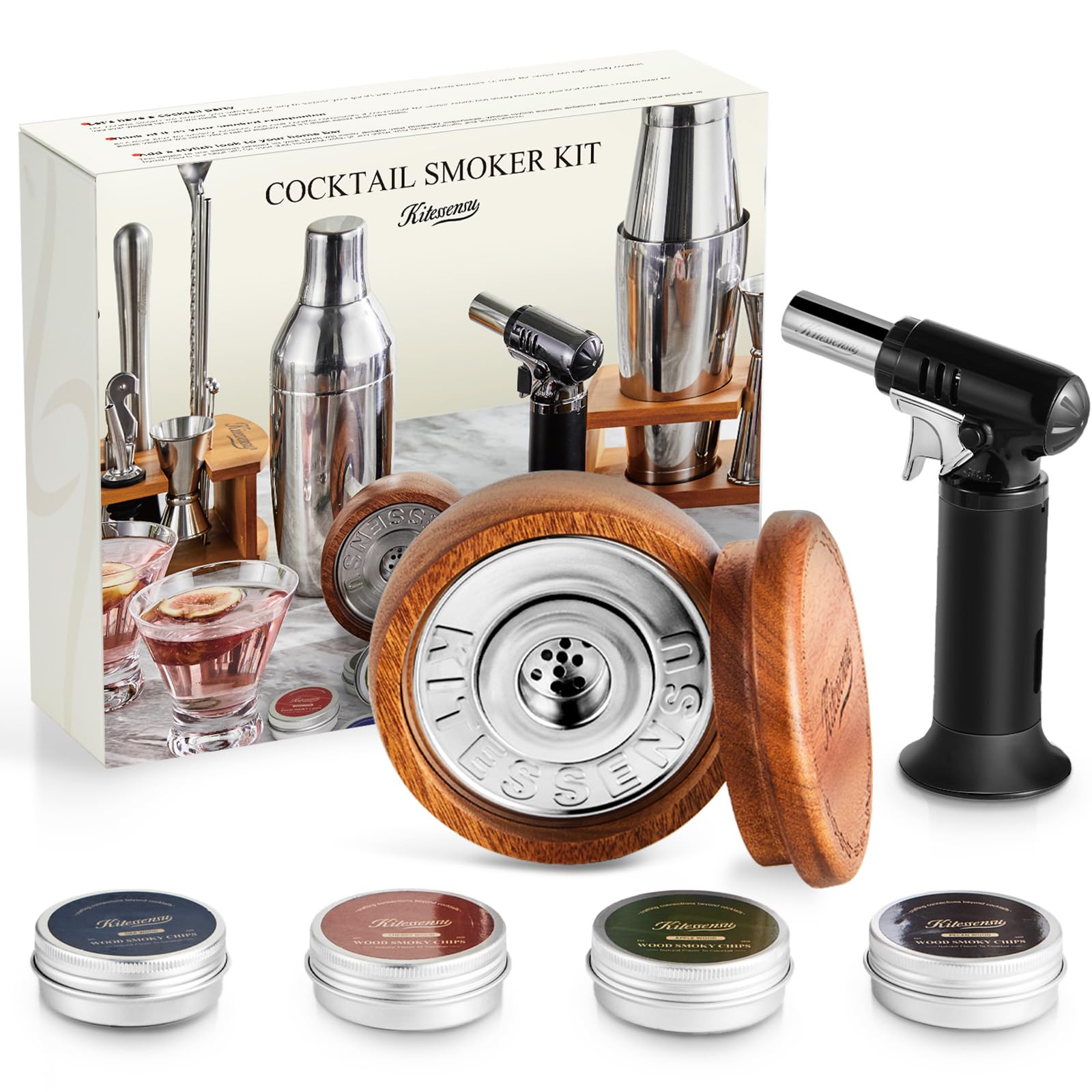 KITESSENSUCocktail Smoker Kit with Torch - Original Old Fashioned Whiskey Smoker Kit with 4 Favored Chips - Drink Smoker Infuser Kit - Bourbon Whiskey Gifts for Men, Dad, Husband, Boyfriend