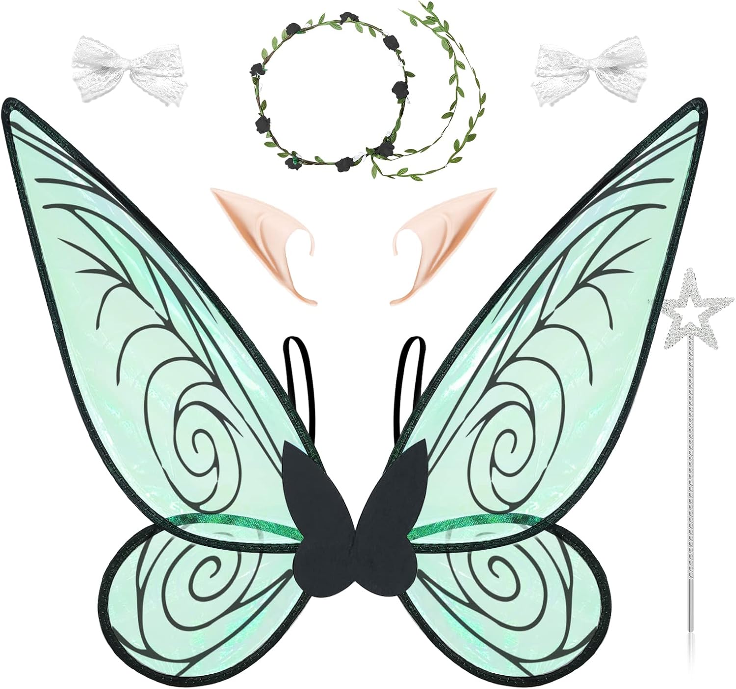 7PCS Fairy Wings Dress Up, Sparkling Sheer Butterfly Halloween Costume Angel Wings for Kids Girls Women Black