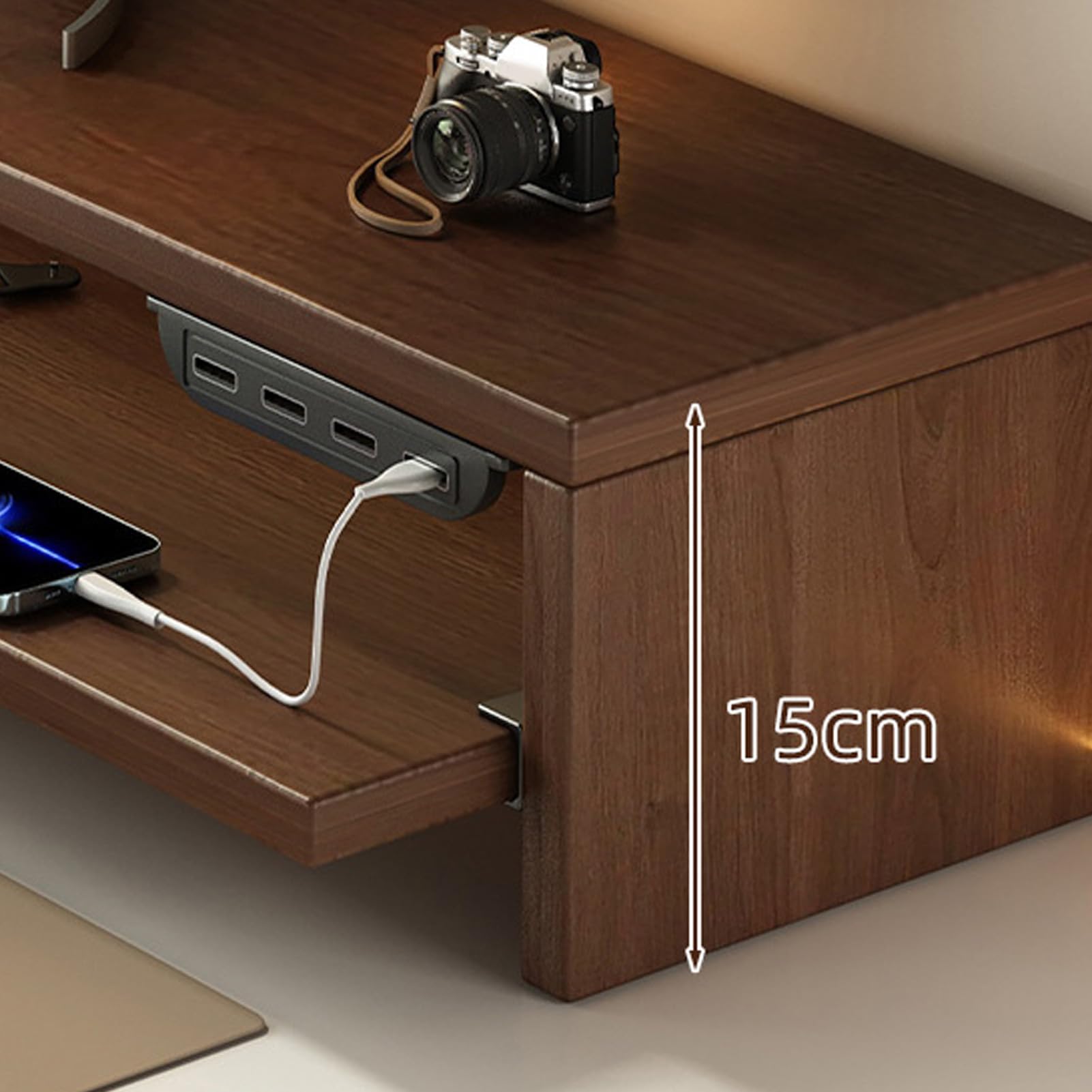 Fockety Podstawka Pod Monitor 2-poziomowy Organizer na Biurko z szufladą, Gniazdkami Prądu Zmiennego i Portem USB, Stojak na Monitor Komputerowy (Orzech Brązowy)