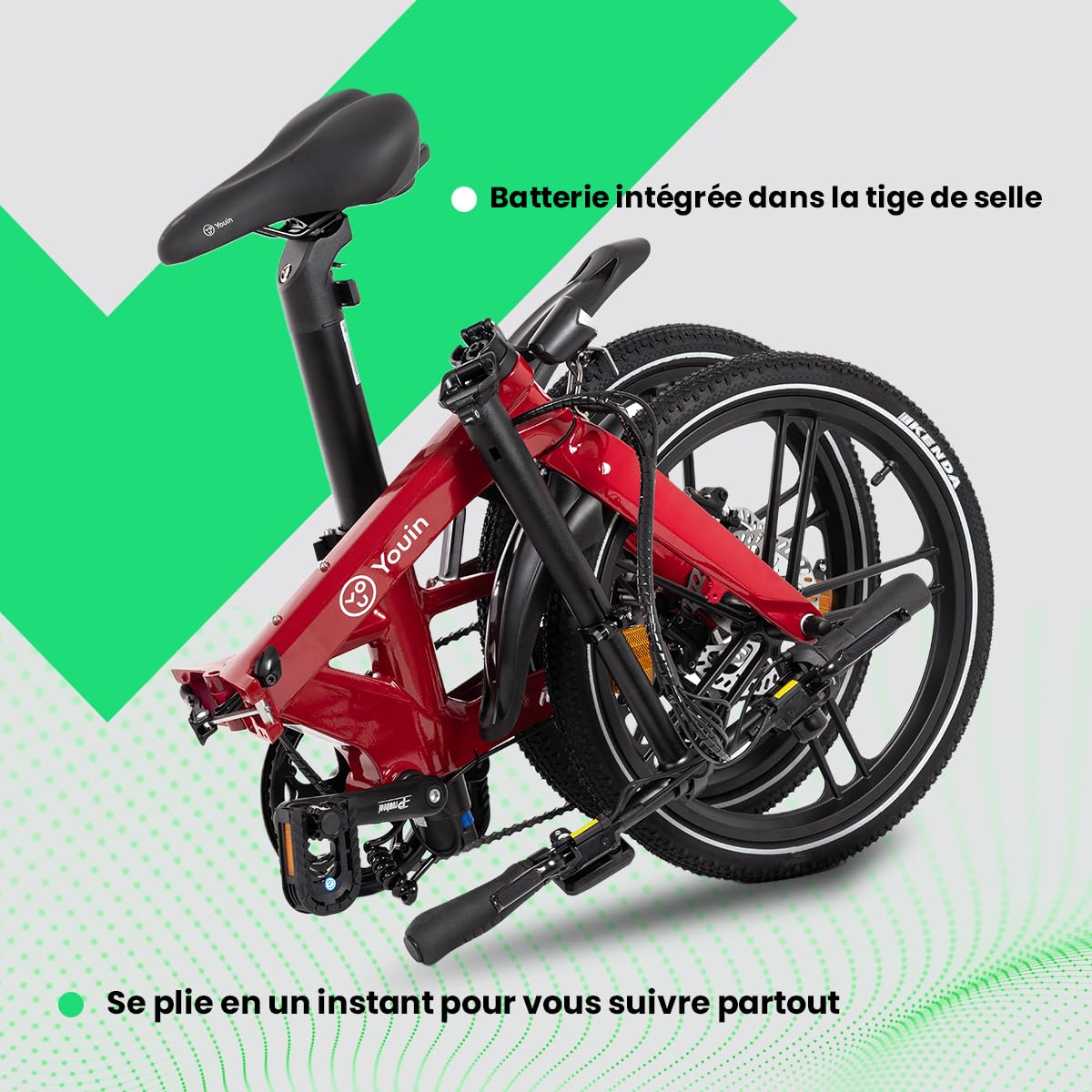 Youin Marbella Vélo électrique Pliant Urbain Rouge 20 Pouces Moteur 250W Batterie intégrée 36V autonomie 40 km Freins hydrauliques 7 Vitesses léger Compact.