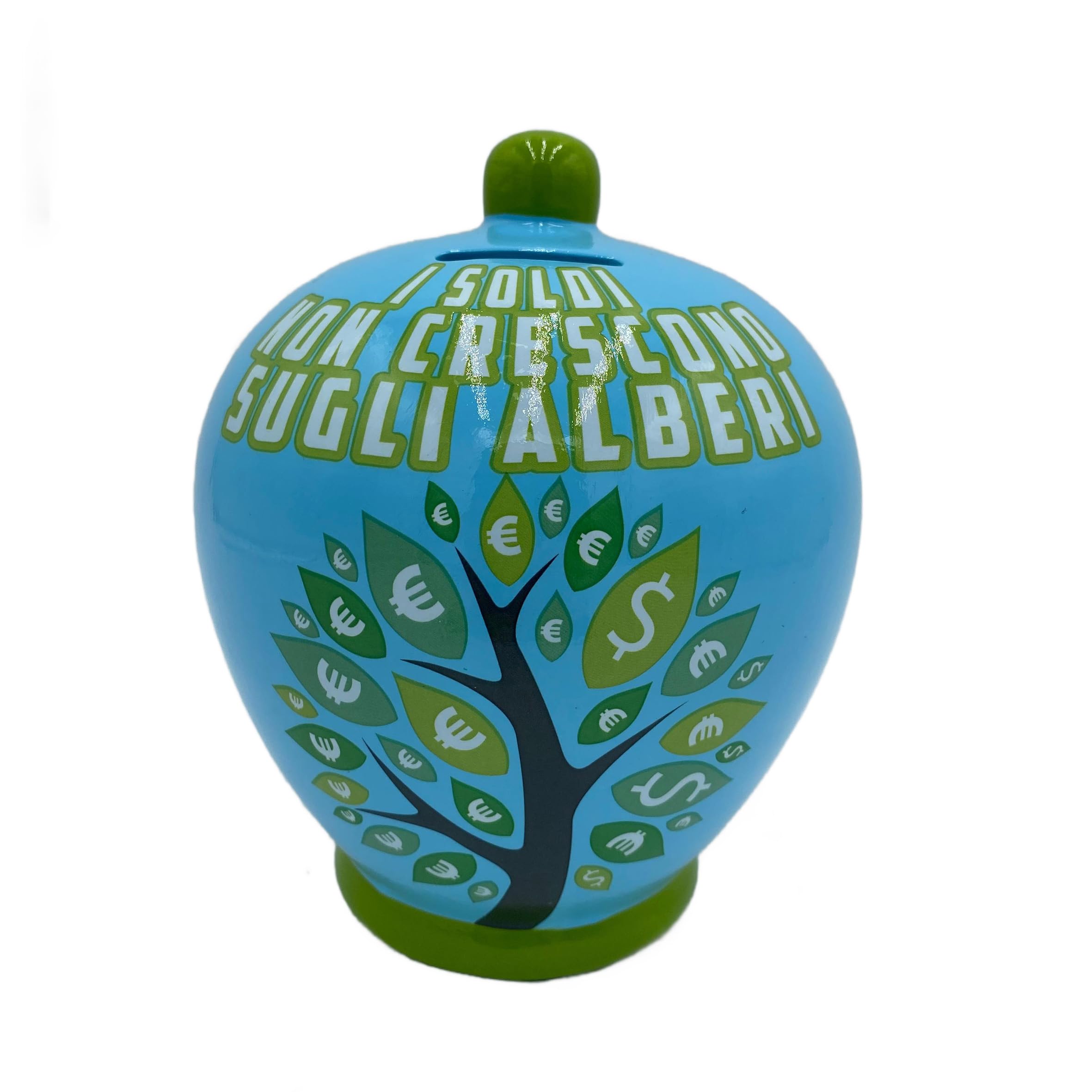 Salvadanaio in ceramica decorativo - Idea regalo Salvadanaio alto 20 centimetri (I Soldi Non Crescono Sugli Alberi)