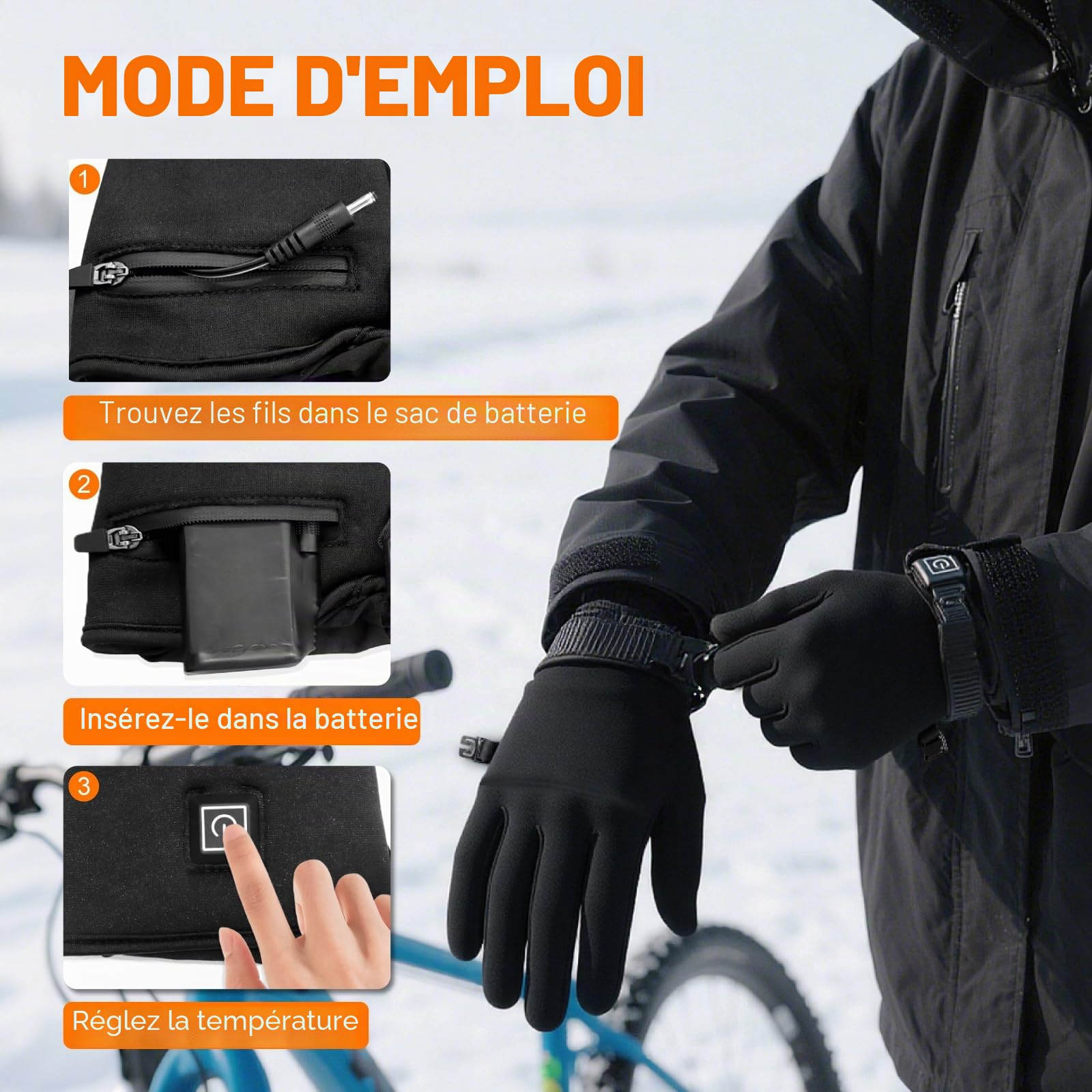 seenlast Gants Chauffants Homme Femme, Gants Chauffants Fins avec Batterie 7,4V 2200mAh Rechargeable, 3 Températures Réglables, Écran Tactile, Heated Gloves Chauffe Mains pour Ski Moto Randonnée