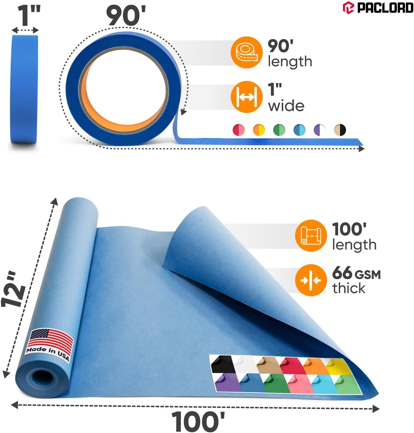 12 Rolls of 24" x 1200" Colored Kraft Paper and 12 Rolls of Colored Masking Tape (1” x 1080 ft) - Matching Vibrant Colors - Bulk Kids Craft Supplies - For Arts, Decoration, DIY, School Projects