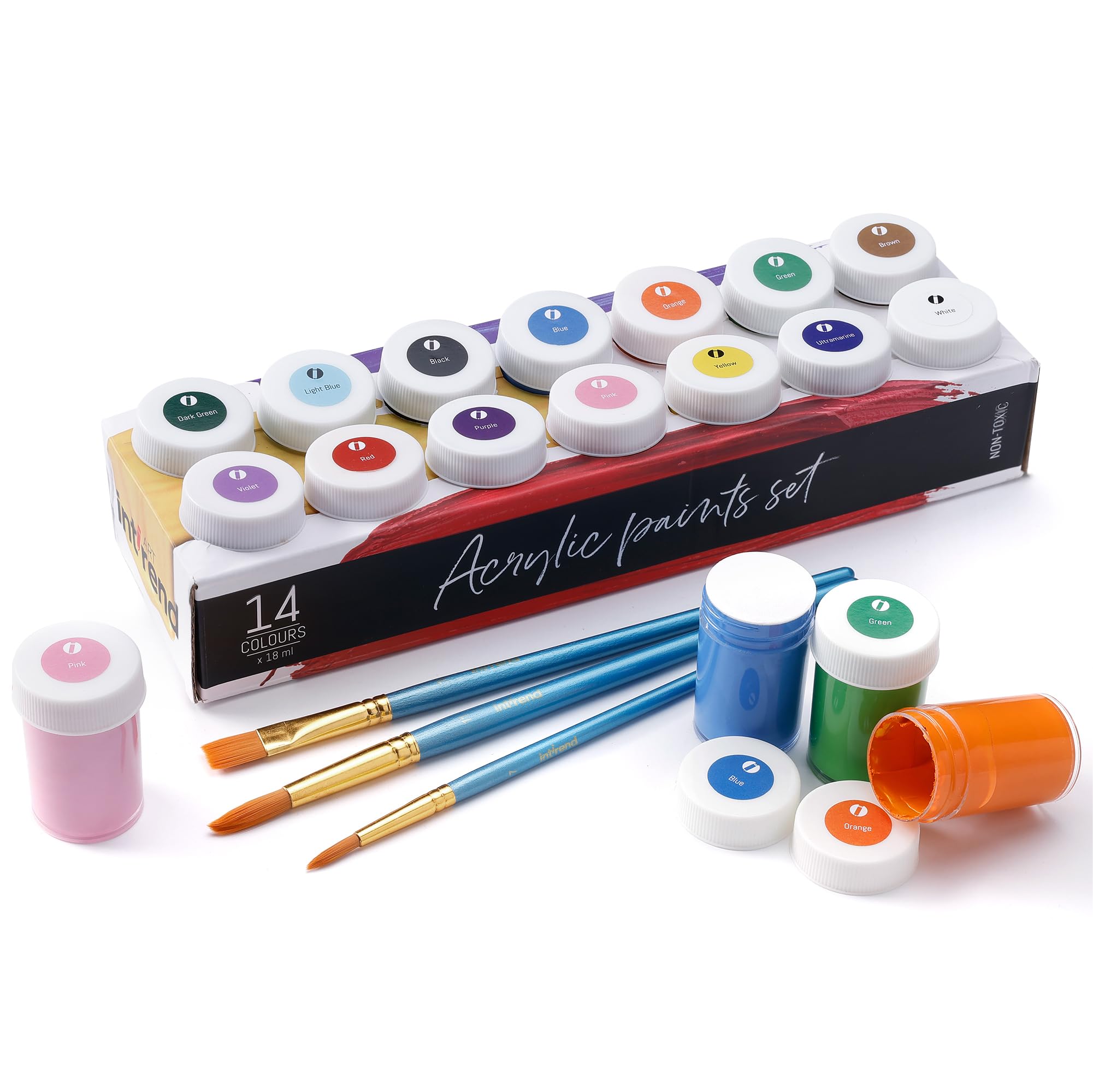 int!rend Acrylic Paint Set + Brushes - 14 Acrylic Craft Paints x 18ml for Children & Adults - Waterproof Colours for Painting Canvas, Wood, Clay & Paper